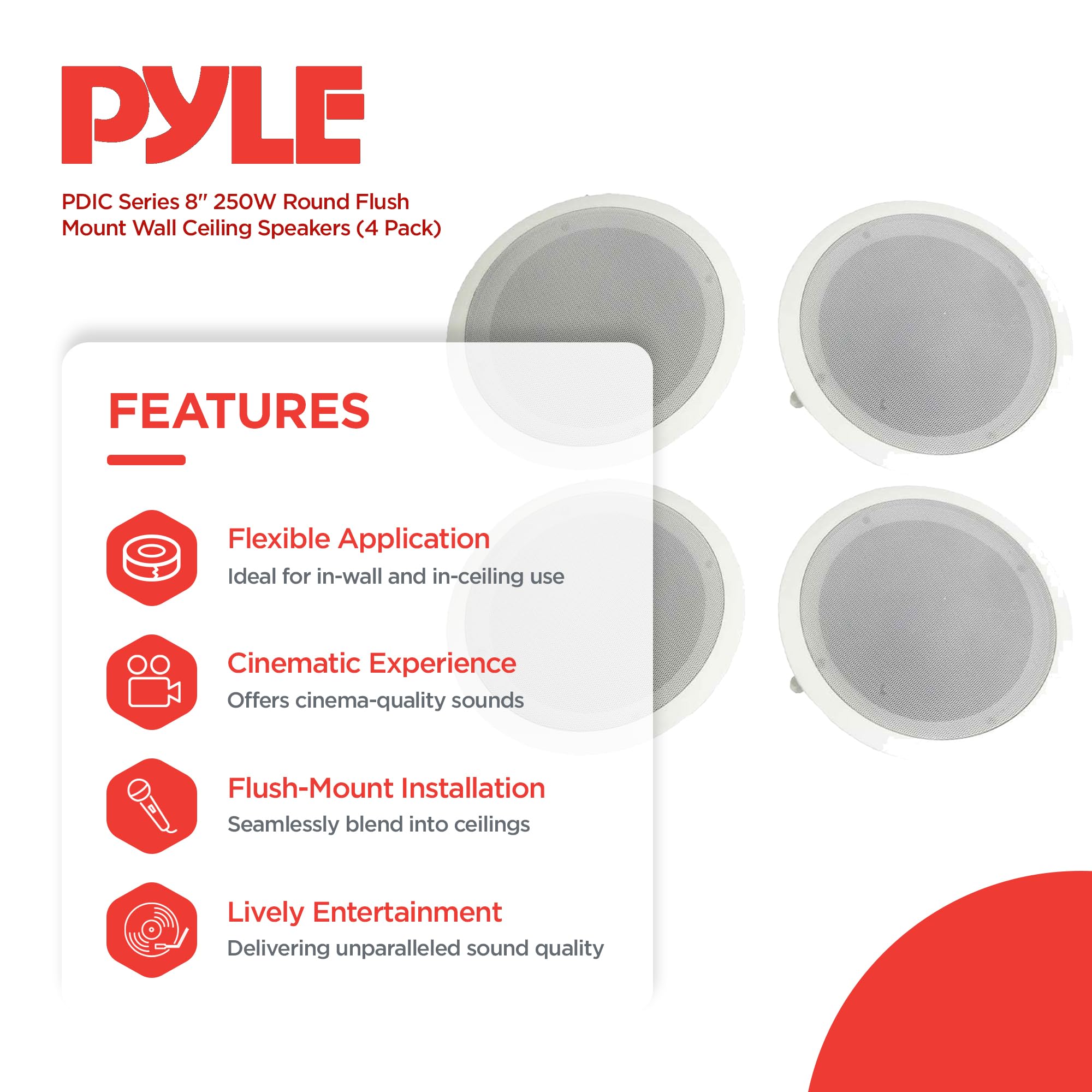 Pyle Home Pdic Series 8 Inch 250 Watts 4.8 Ohms Round Flush Mount Wall And Ceiling Home Speakers With Directable 5 Inch Polymer