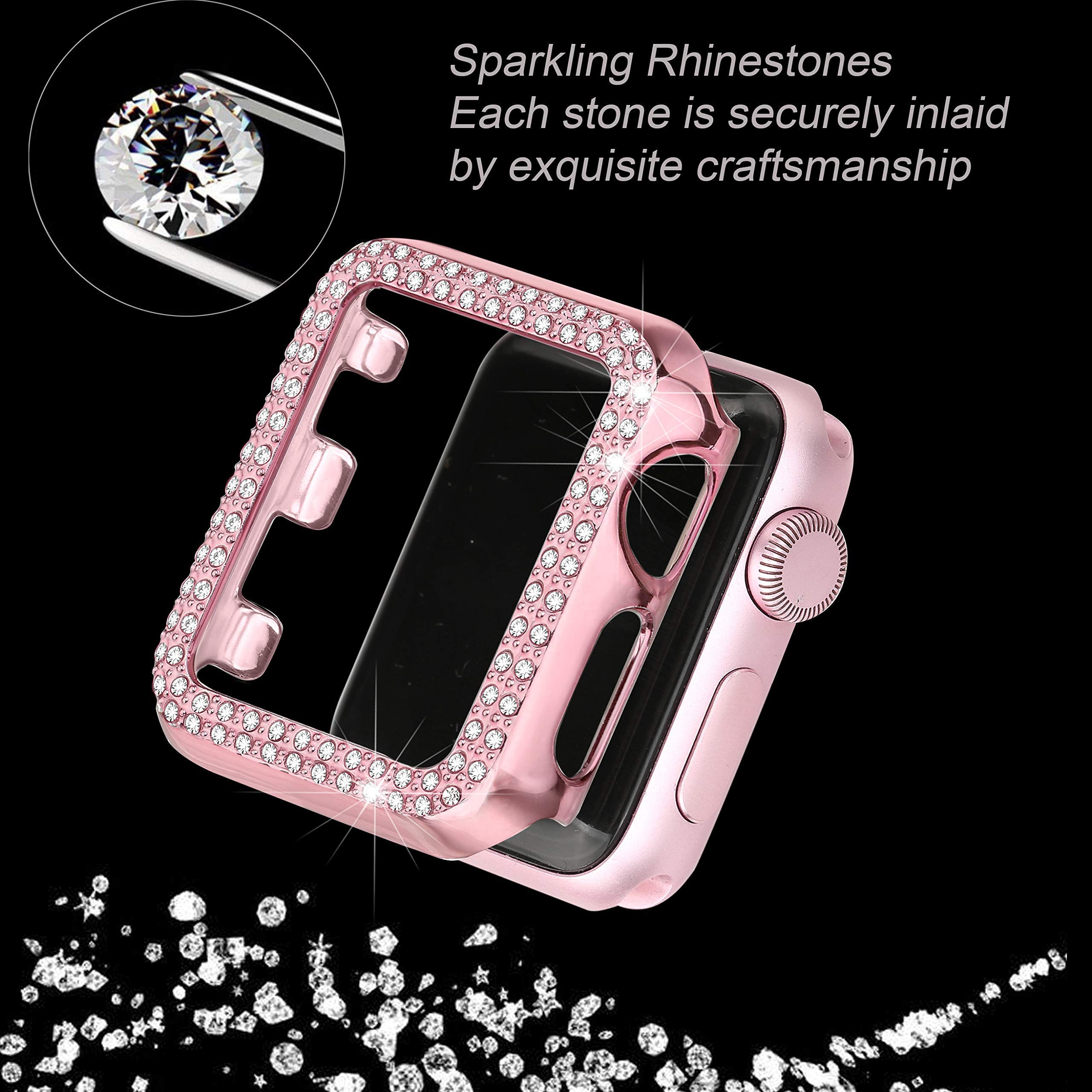 Secbolt Bling Case Compatible With Apple Watch 42Mm, Full Cover Bumper Screen Protector For Iwatch Series 3 2 1 (Rose Pink 42Mm)