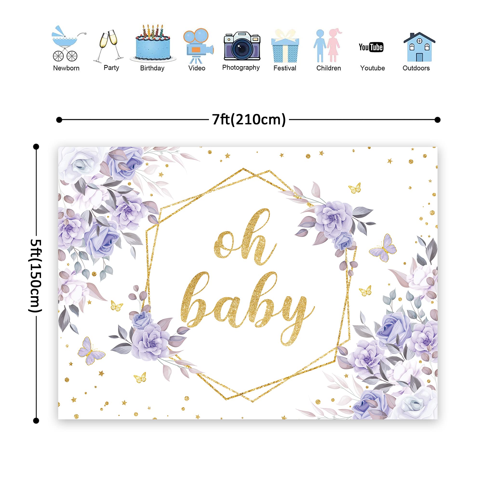 Riyidecor Purple Floral Butterfly Oh Baby Backdrop Baby Shower 7Wx5H Feet Polyester Fabric Lilac Flowers Girls Princess Newborn