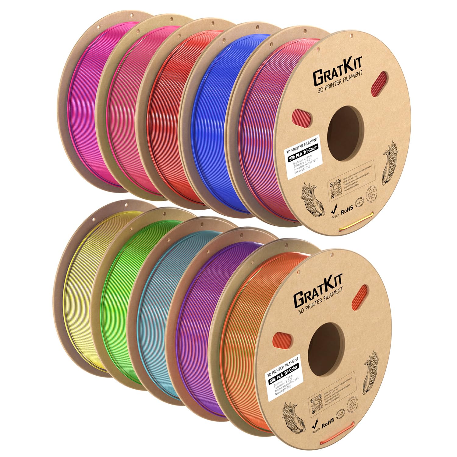 Gratkit Silk Tri-Color PLA Filament,Coextrusion PLA Filament 1.75mm, +/-0.03mm, 10 * 1KG/Roll, Silk PLA 10KG Bundle Multicolor