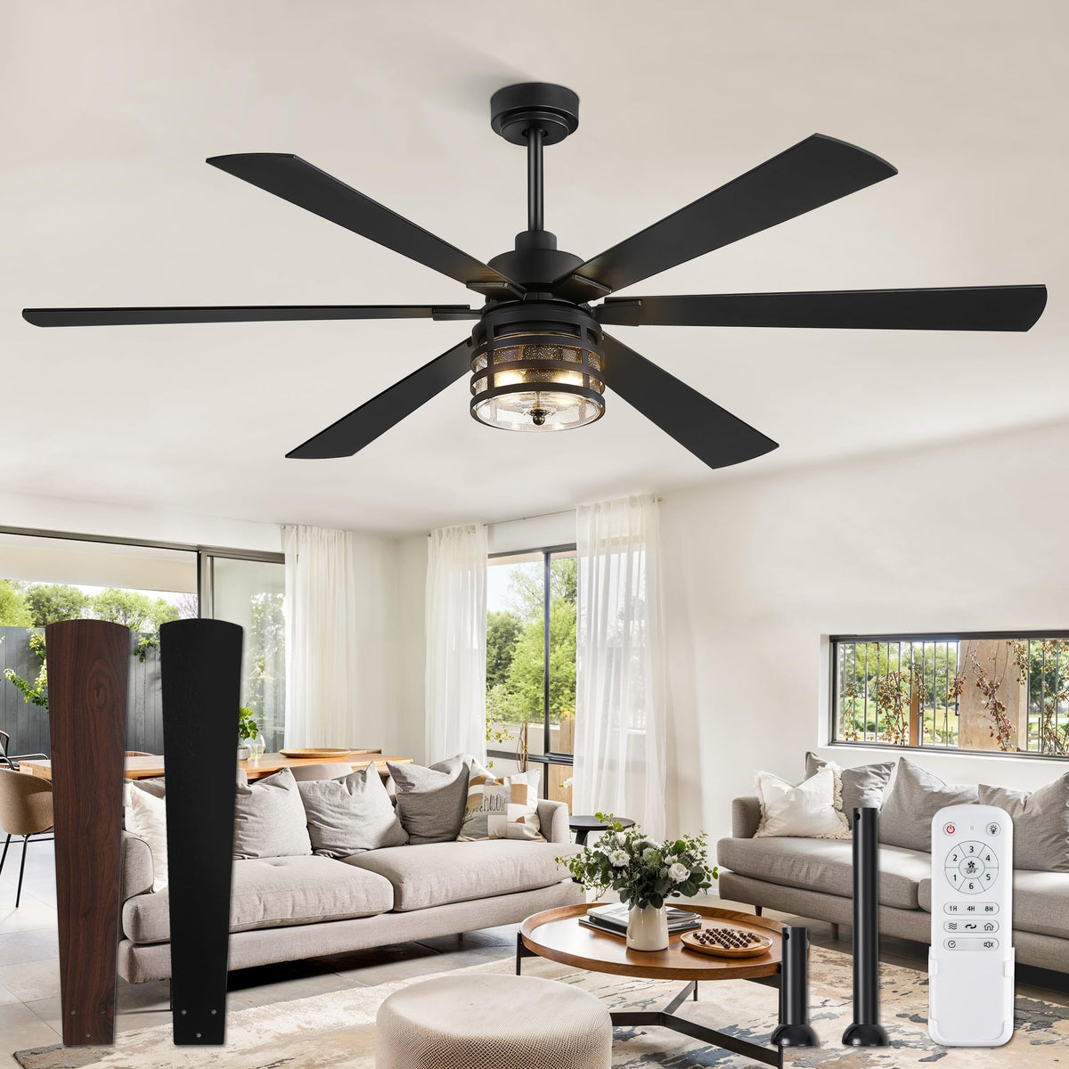Fanbulous 65'' Farmhouse Ceiling Fans With Lights And Remote,Industrial Large Ceiling Fan With 6 Speed Reversible Dc Motor And 6
