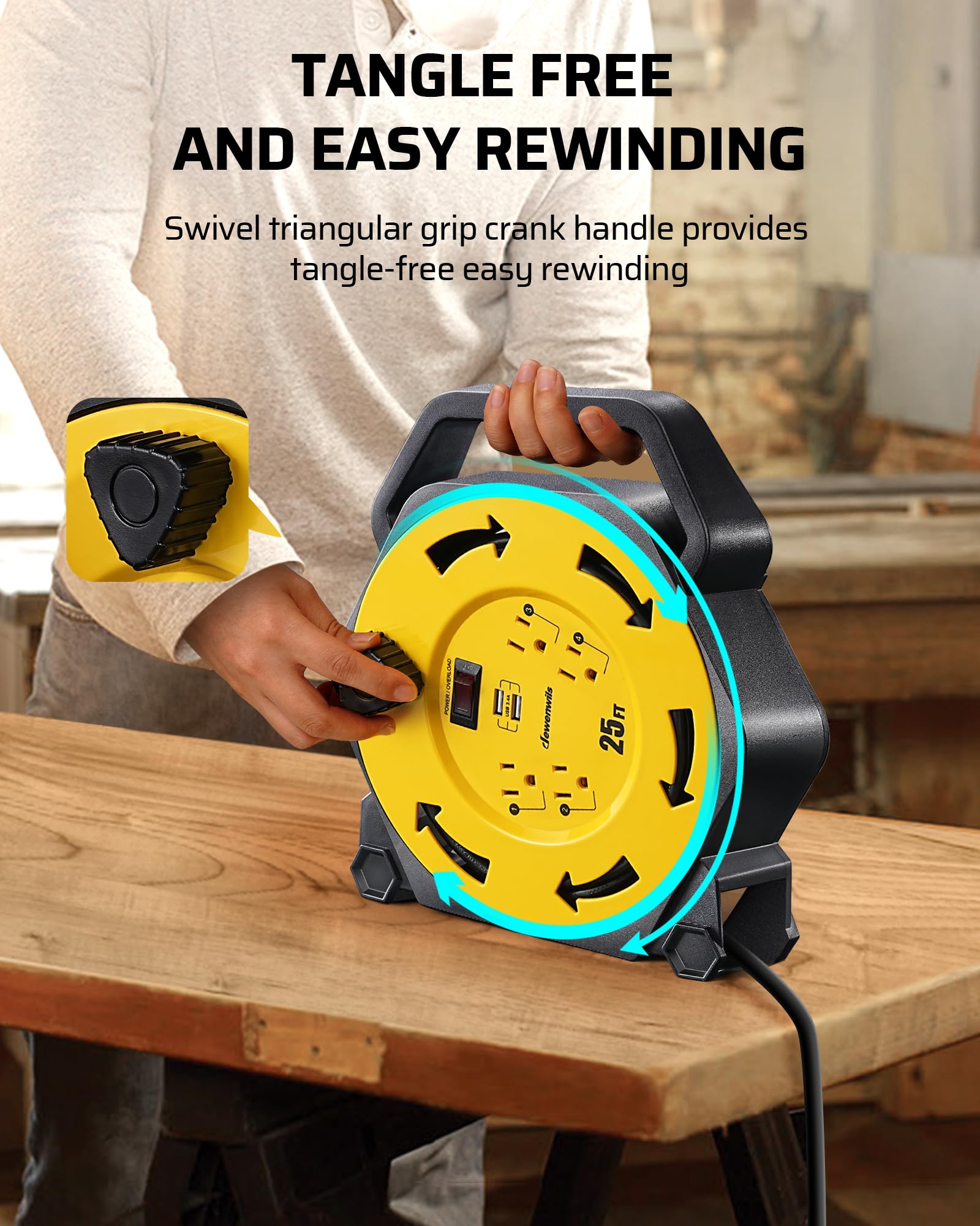 Dewenwils Cord Reel With 4 Power Outlets, 2 Usb Ports(3.4A Fast Charge), 25Ft Retractable Extension Cord Reel, Heavy Duty Sjtw 1