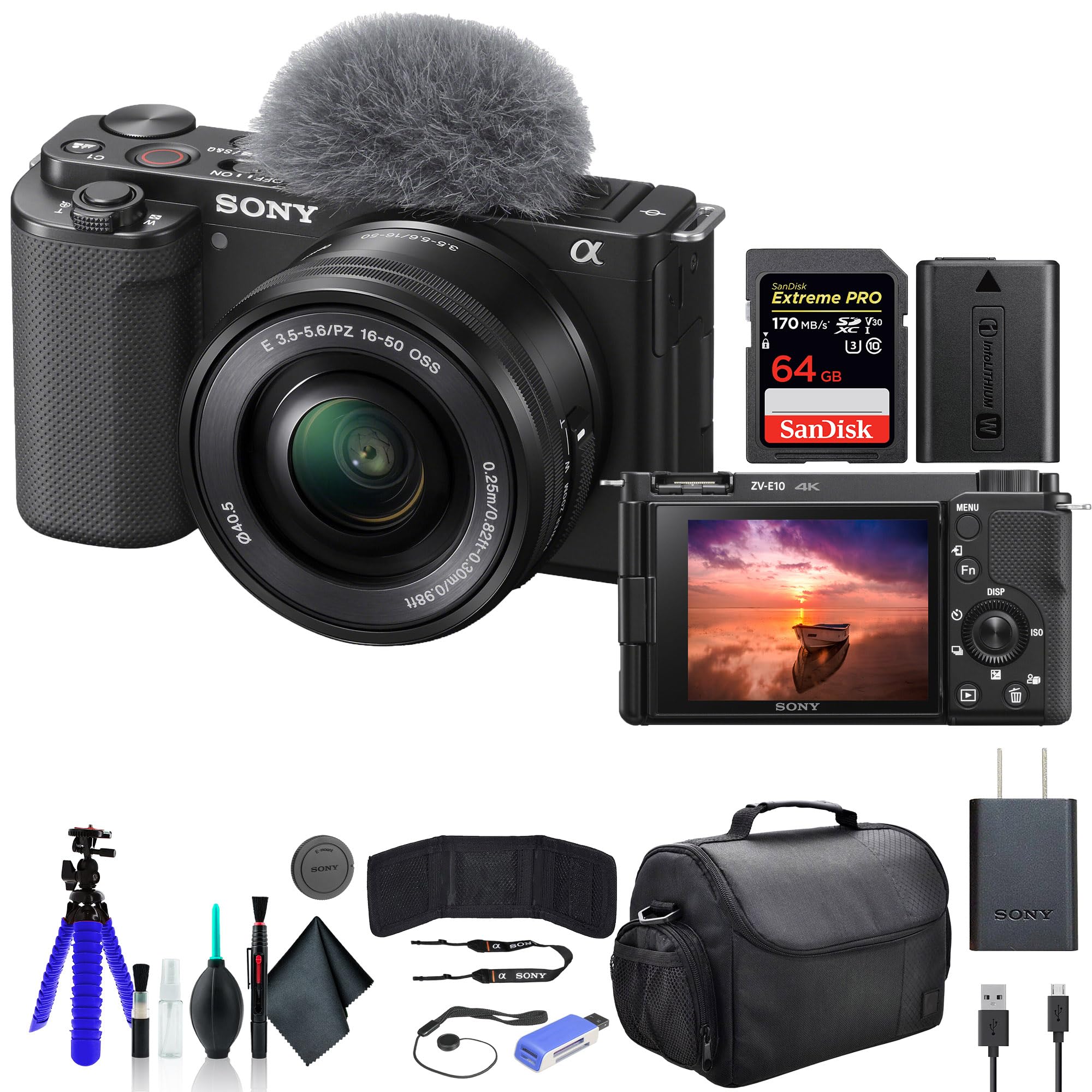 Sony ZV-E10 Mirrorless Camera with 16-50mm Lens Black ILCZV-E10L/B, 64GB Memory Card, Card Reader, Case, Flex Tripod, Memory Car