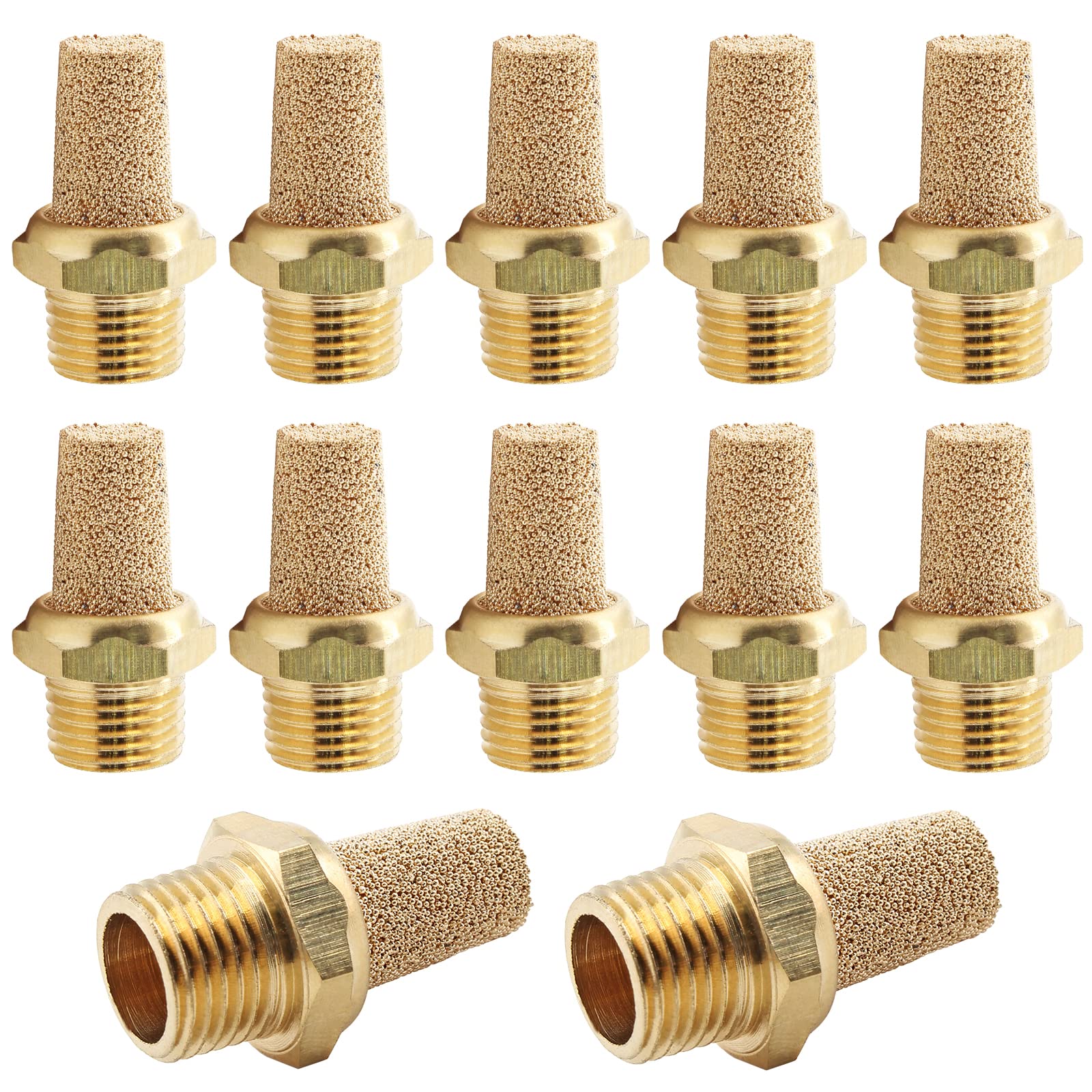 Jiozermi 12 Pcs Air Pneumatic Mufflers Silencer, Brass Pneumatic Exhaust Muffler, 1/8 Npt Male Air Silencer Fitting