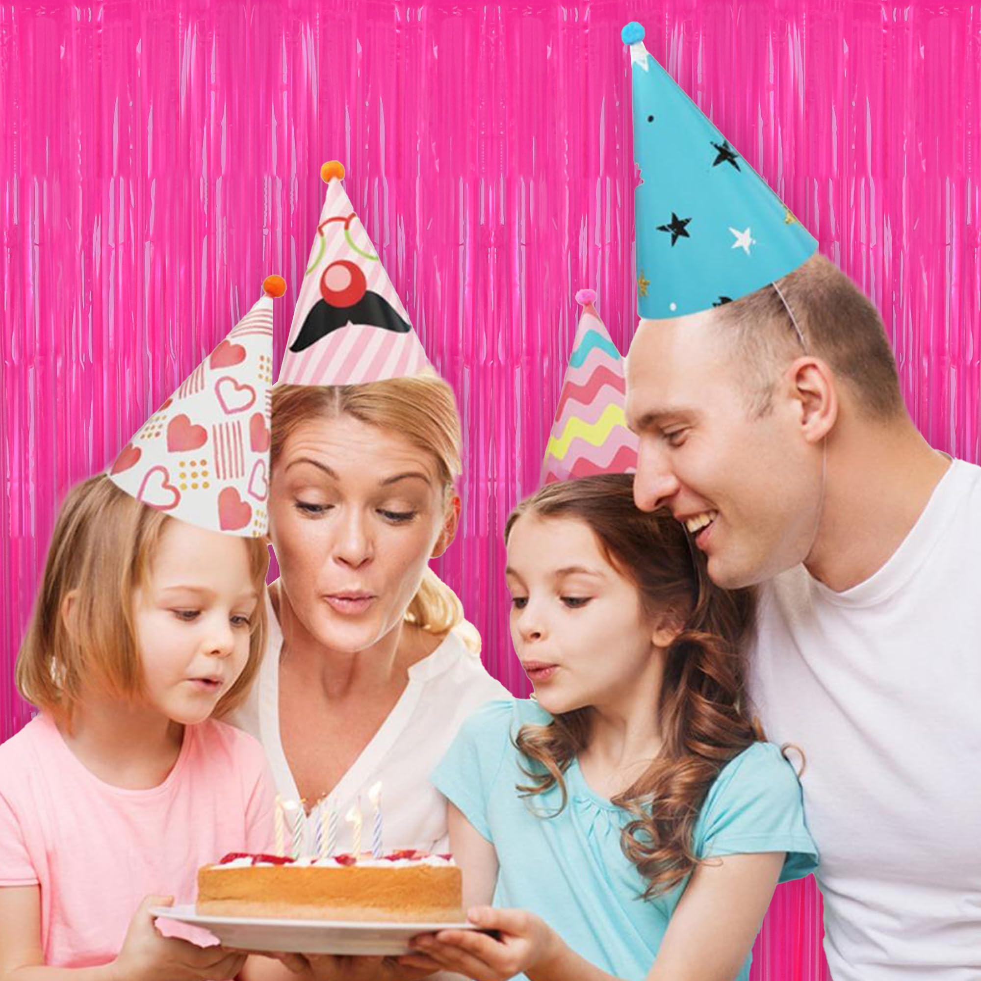 Beishida 2Pcs Hot Pink Door Streamer Fluorescent Hot Pink Backdrop Blue Foil Fringe Curtains Tinsel For Birthday Baby Shower Bac