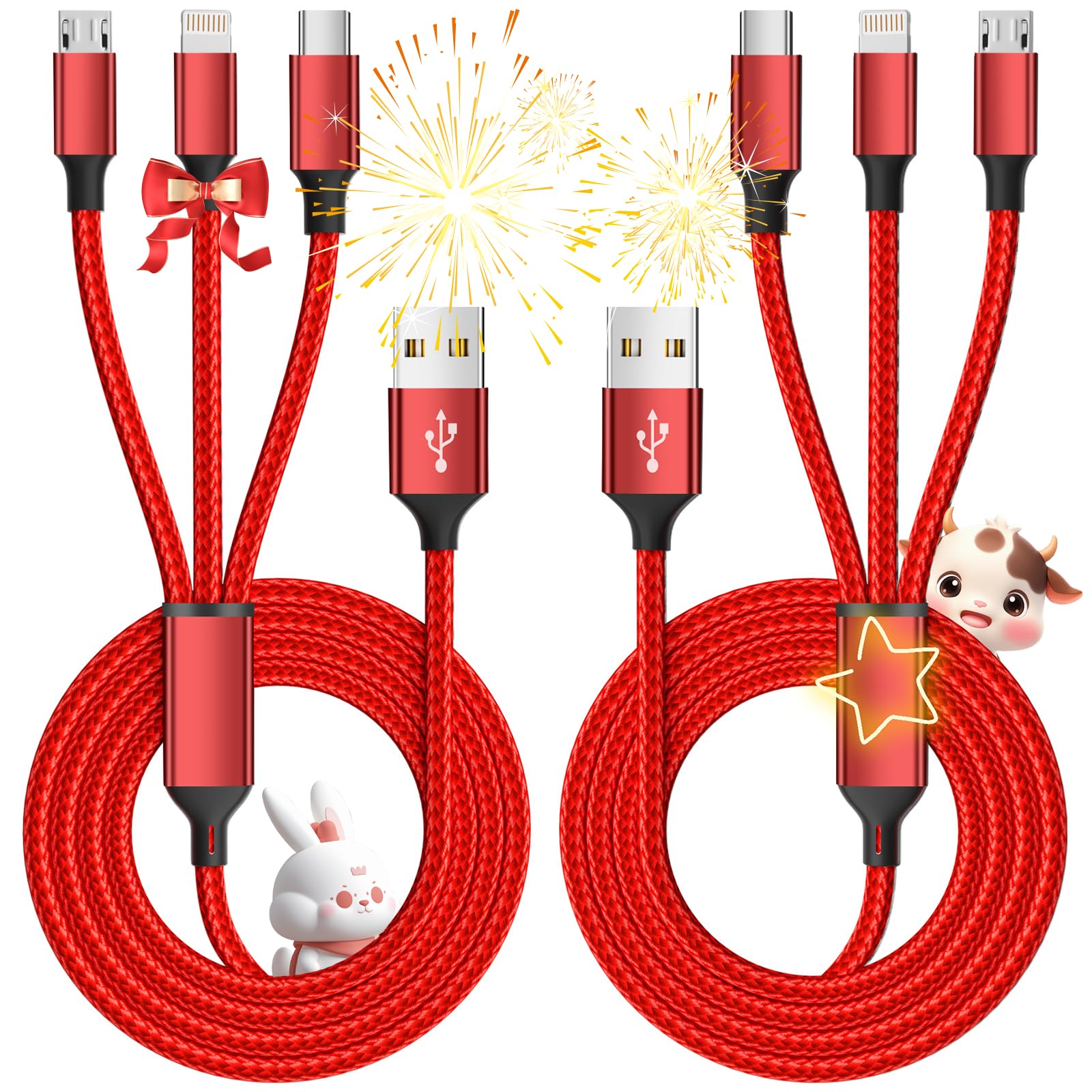 Multi Charging Cable, (2 Pack 4Ft) Multi Usb Charger Cable 3 In 1 Charging Cable Nylon Braided Fast Charging Cord With Type C, Micro Usb, Ip Port For Most Phones/Iphones/Tablets, Red