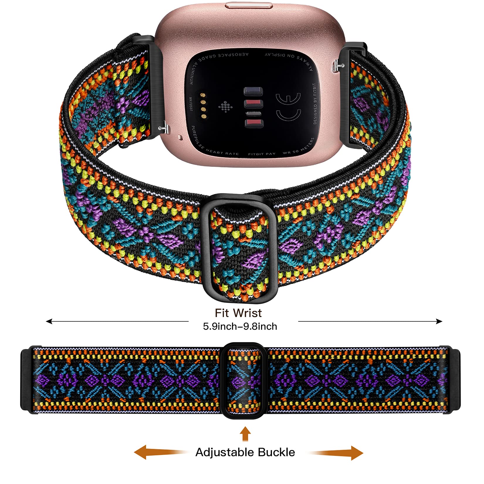 Maledan Compatible With Fitbit Versa And Fitbit Versa 2 Bands For Women Men, 3 Pack Elastic Band Stretchy Nylon Strap Accessorie