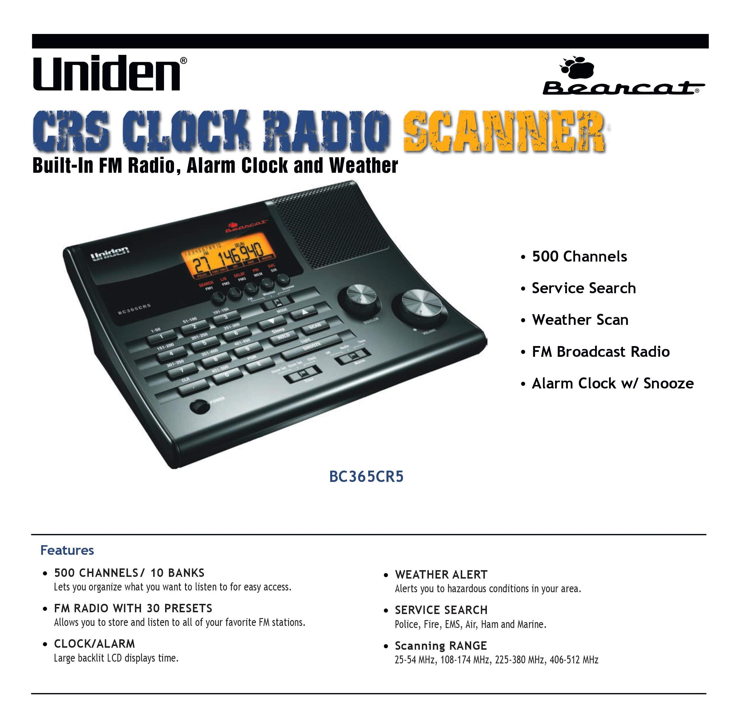 Uniden Bc365Crs 500 Channel Scanner And Alarm Clock, Snooze, Fm Radio, Weather Alerts, Search Bands Used For Aviation, Railroad,