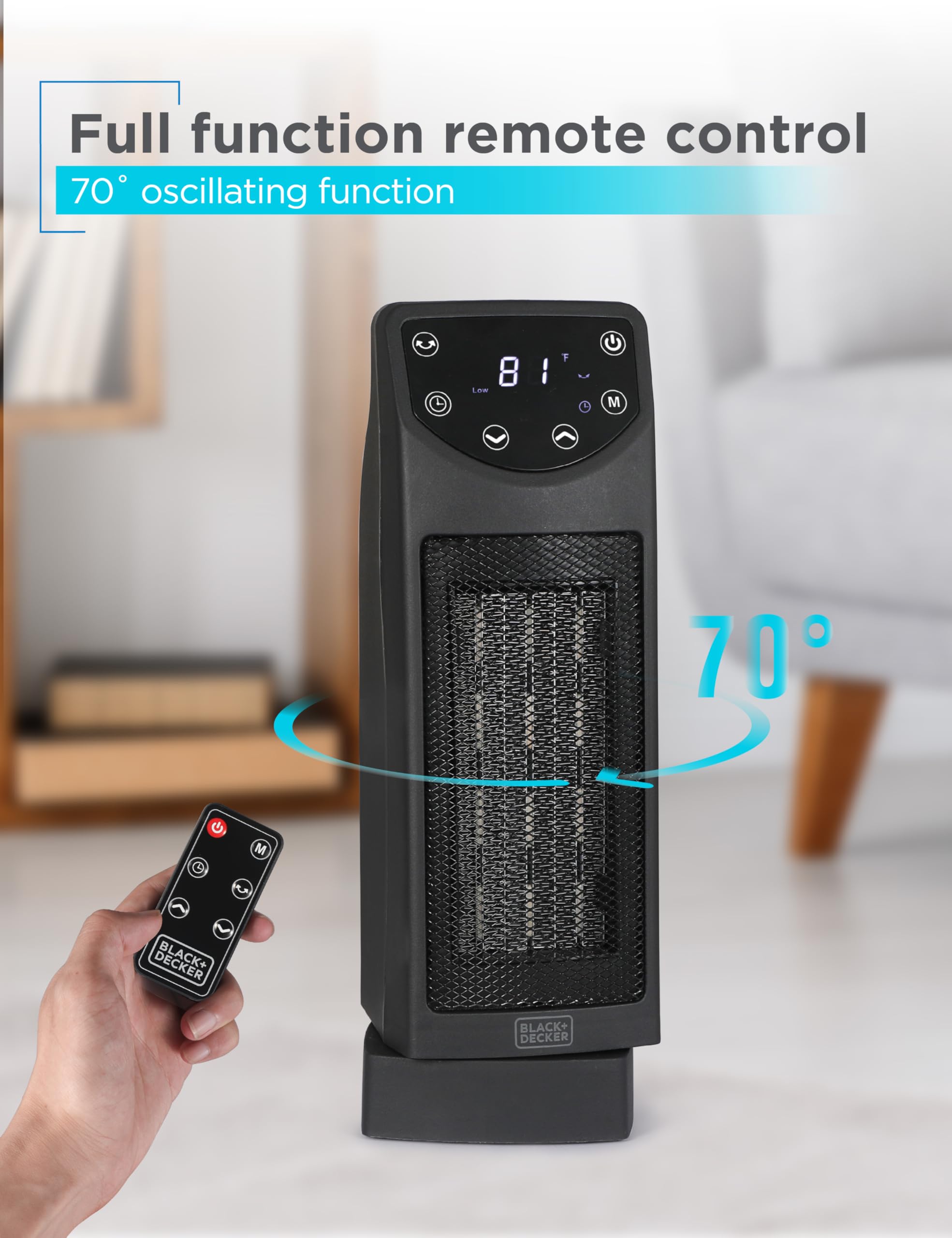 Black+Decker Oscillating Ceramic Desktop Heater With Remote With Adjustable Thermostat, Black