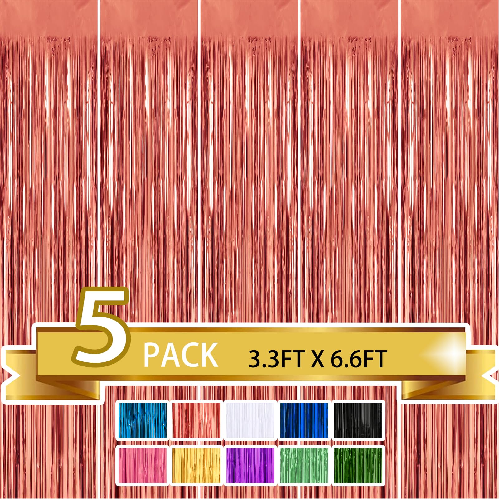 5 Pack Rose Gold Metallic Tinsel Foil Fringe Curtains Party Photo Backdrop Party Streamers For Birthday,Graduation,New Year Eve