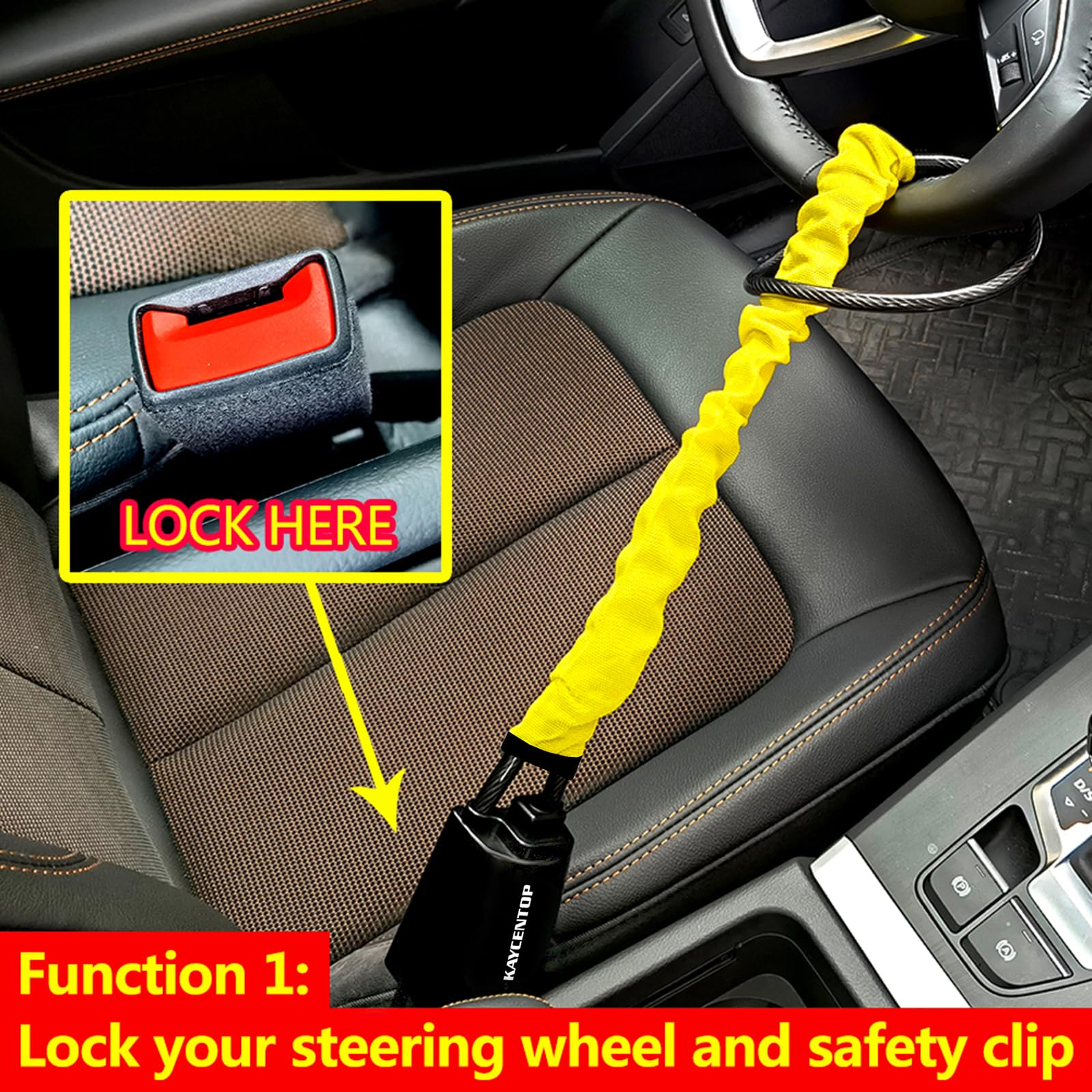 Kaycentop Car Steering Wheel Lock, Seat Belt Lock, Anti-Theft Device, Max 17 Inch Length, Small And Light-Weight, Multi-Function