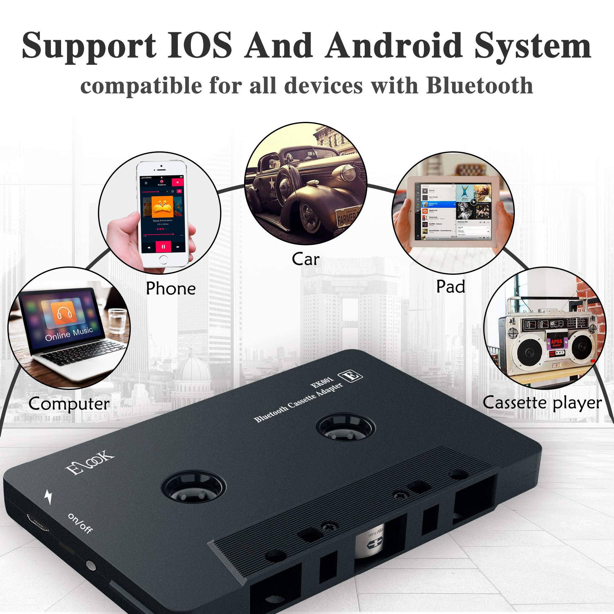 Elook Car Audio Receiver, Bluetooth Cassette Receiver Tape Aux Adapter Player With Bluetooth 5.0