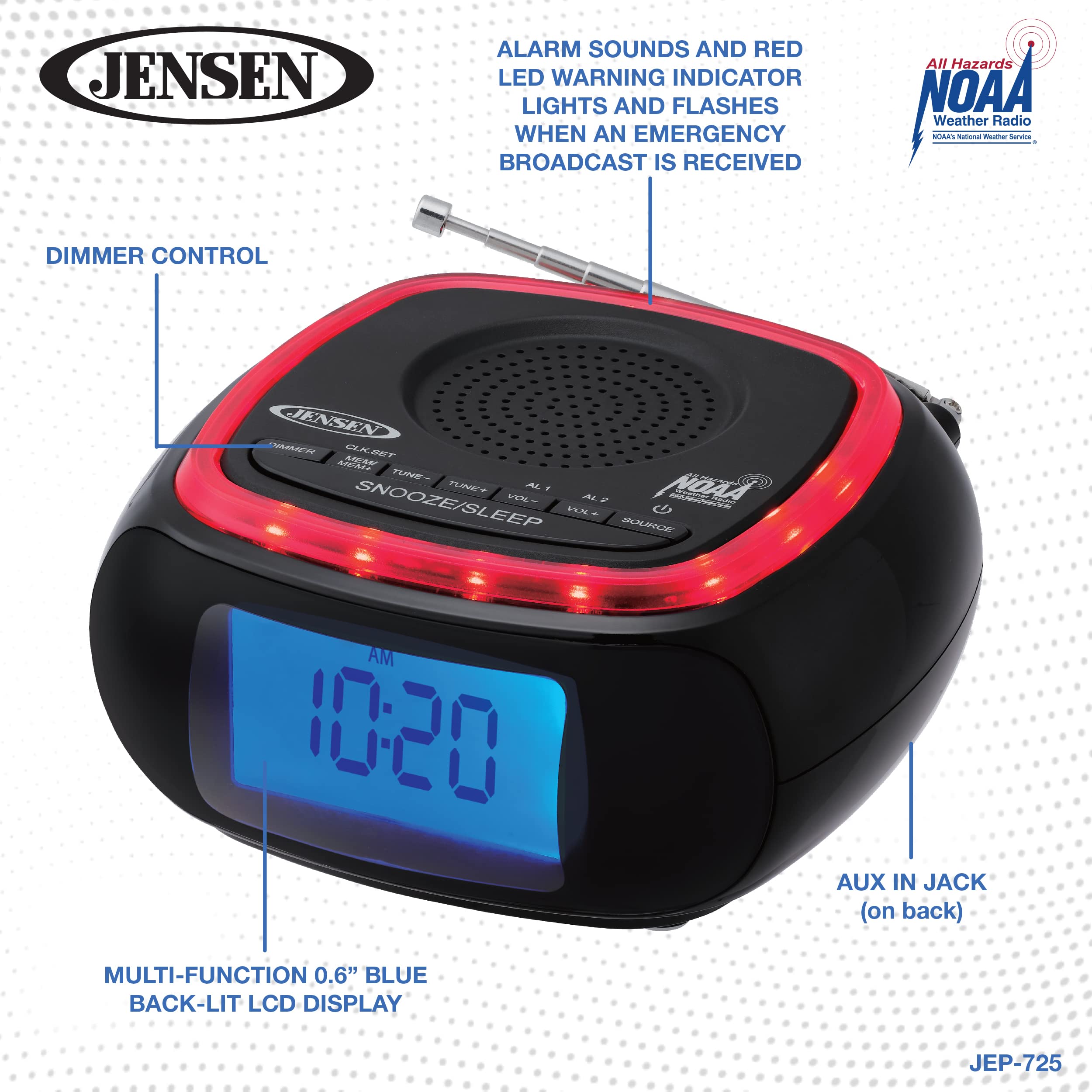 Jensen Jep 725 Digital Am/Fm Weather Band Alarm Clock Radio With Noaa Weather Alert And Top Mounted Red Led Alert Indicator Ring