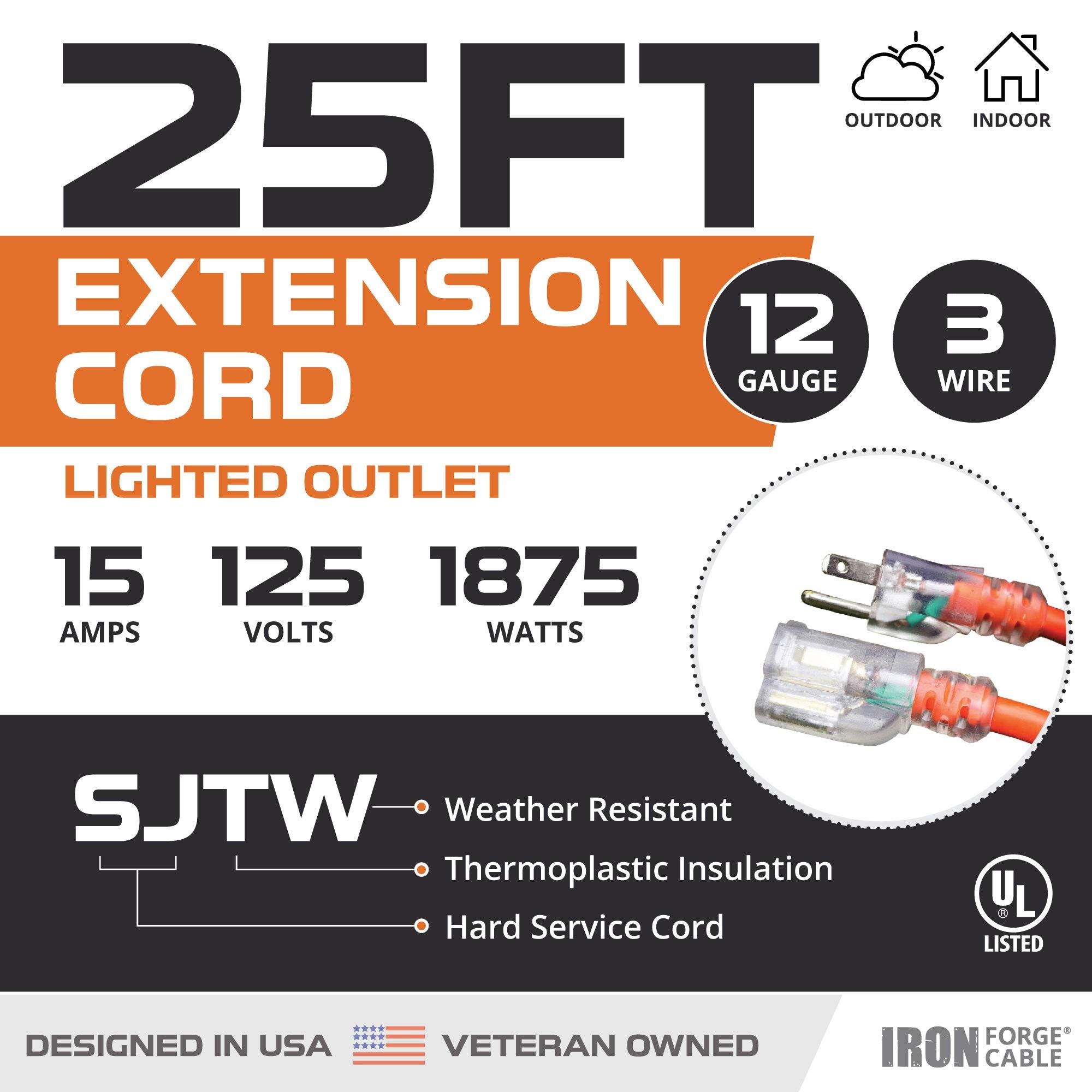 Iron Forge Cable 12 Gauge Extension Cord 25 Ft Lighted End   12 Awg Heavy Duty Cord With 3 Prong, Industrial Grade Orange Outdoo