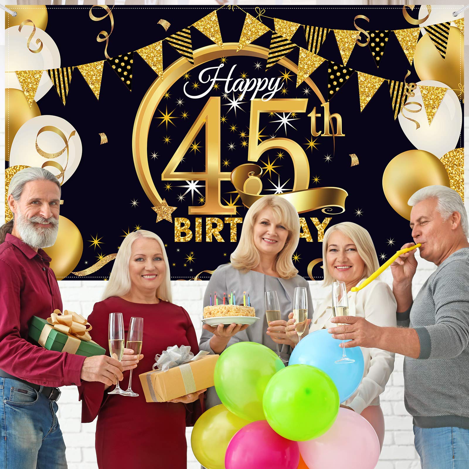 Birthday Party Decoration Extra Large Fabric Black Gold Sign Poster For Anniversary Photo Booth Backdrop Background Banner, Birt