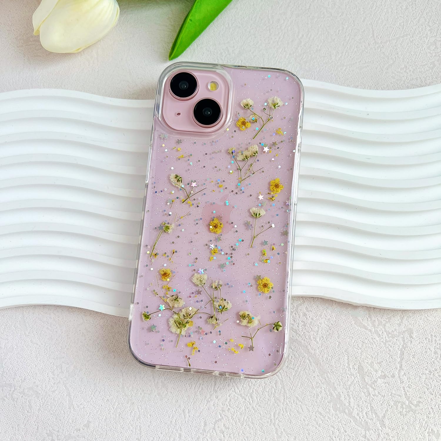 Lseeka For Iphone 13 Mini/Iphone 12 Mini Clear Case With Pressed Real Flowers Design,Glitter Cute Yellow Floral Slim Soft Tpu Pr
