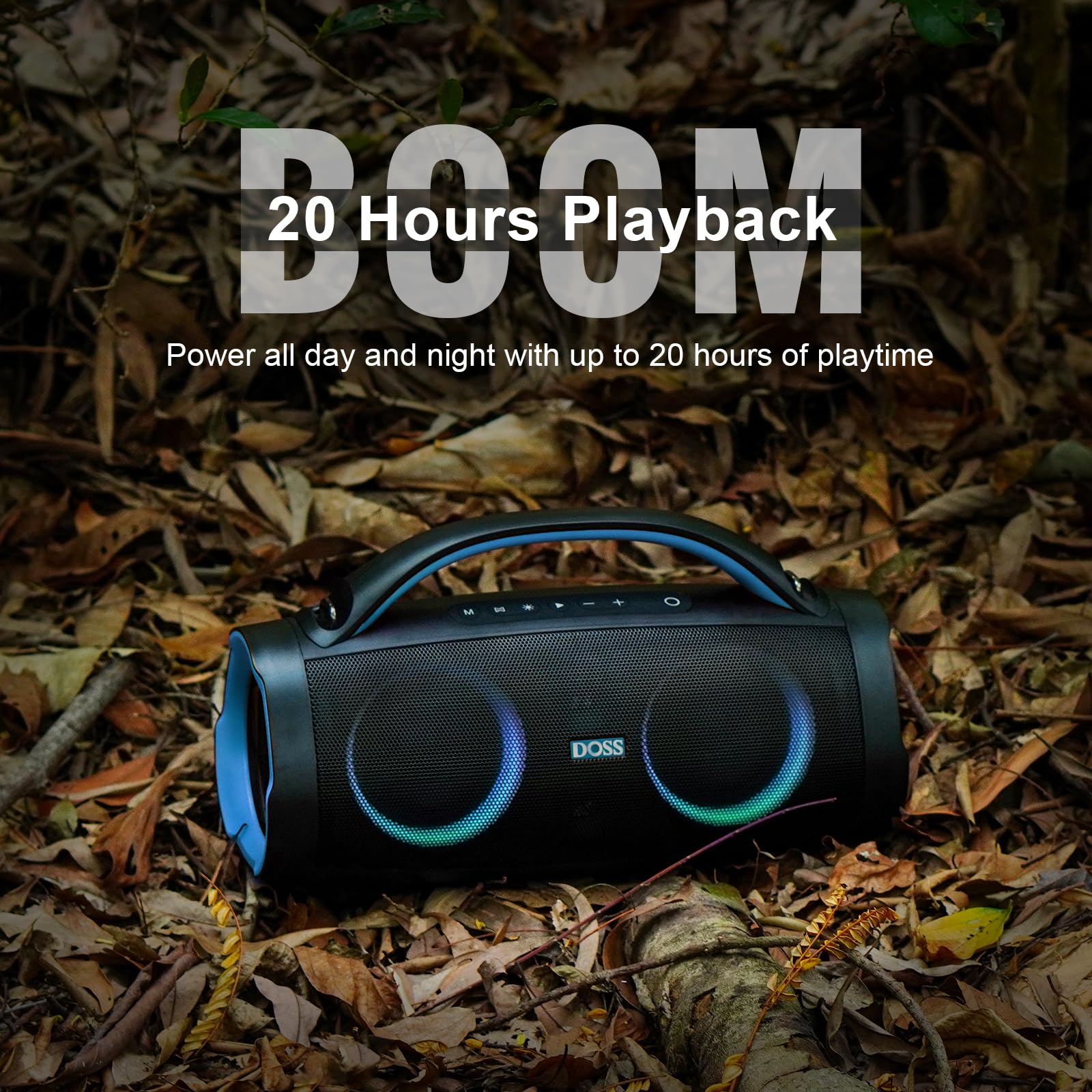 Doss Extreme Boom Pro Loud Bluetooth Speaker With 100W Stereo Sound, Extra Bass, 20H Playtime, Party Sync Led Lights, Built In Power Bank, Ipx6 Waterproof For Outdoor, Camping, Travel Blue