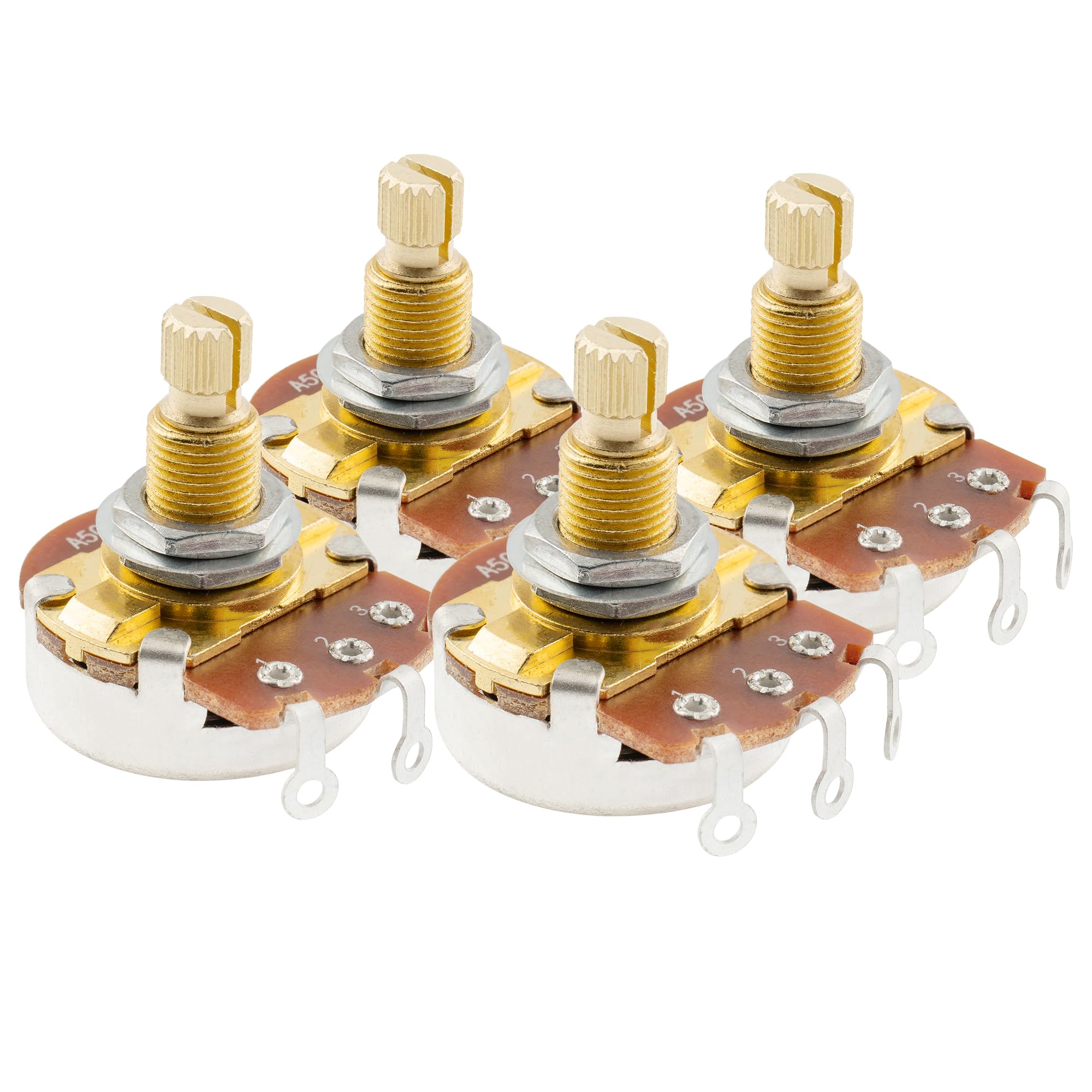 Musiclily Pro Brass Shaft Full Metric Size A500K Guitar Pots Audio Taper Potentiometers For Electric Guitar/Bass (Set Of 4)