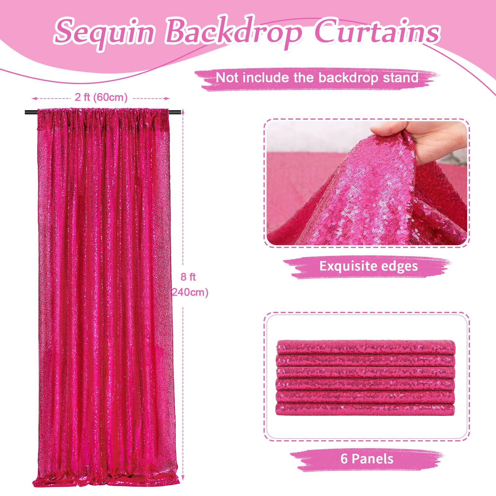 Fuchsia Glitter Sequin Backdrop Curtains 6 Pieces 2Ftx8Ft Dessert Backdrop Wedding Party Decor Glitter Photography Background Ch