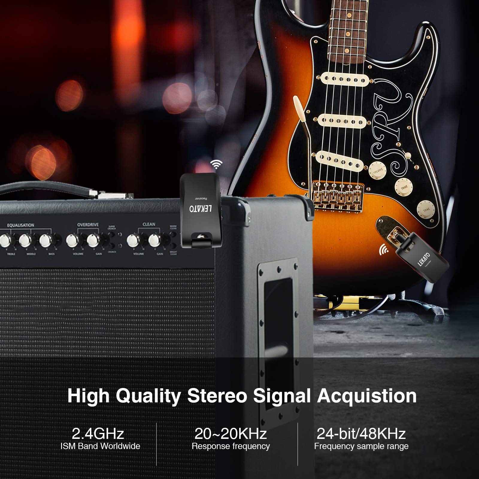 Lekato Wireless Guitar System 2.4Ghz Rechargeable Audio Wireless Transmitter Receiver 6 Channels For Guitar Bass Electric Instru