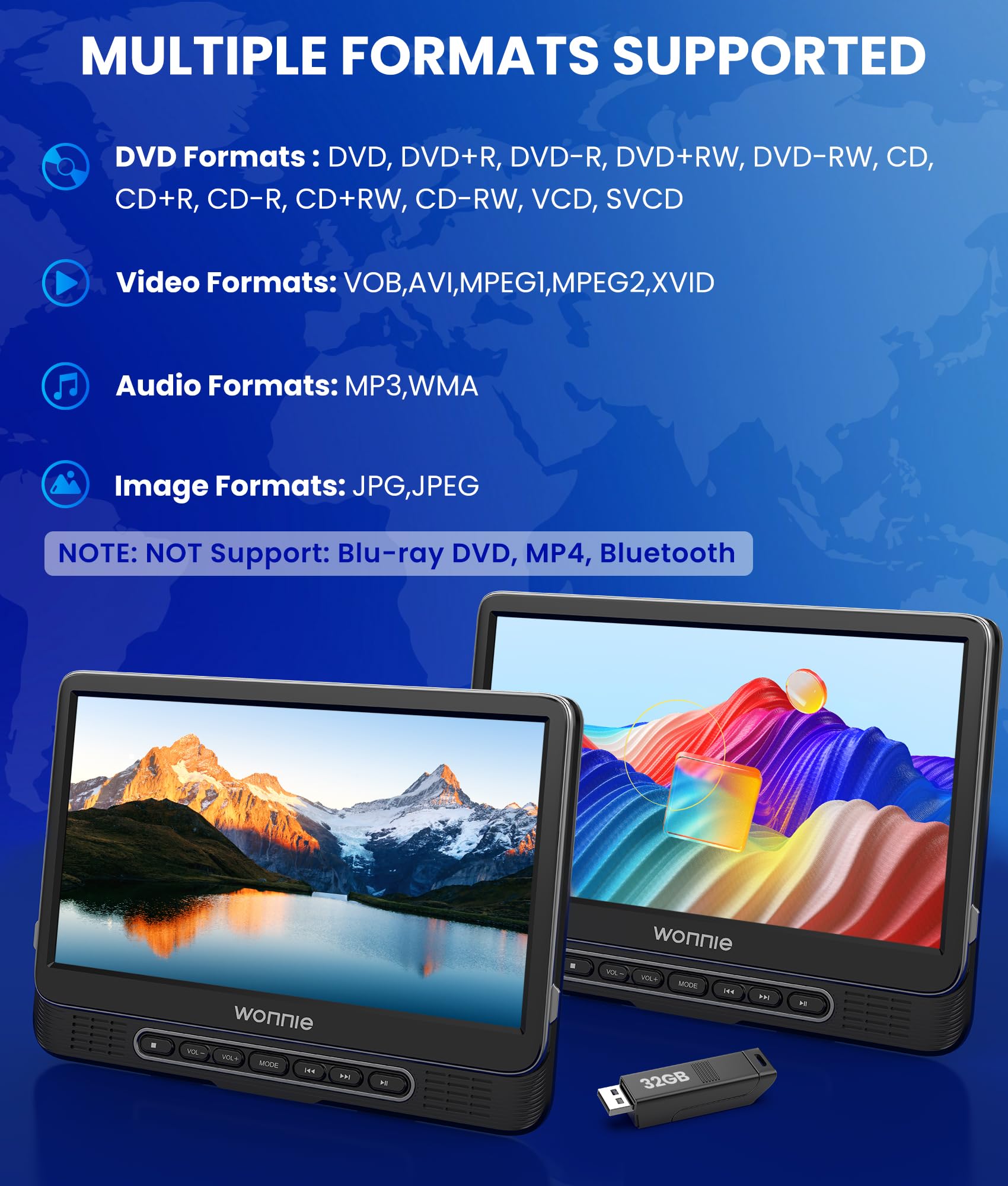 Wonnie 12' Dual Car Dvd Players Portable Dvd Players For Car Headrest Play A Same Or Two Different Movies With 5 Hour Rechargeable Battery, Mounting Brackets, All Region, Support Usb/Sync Tv