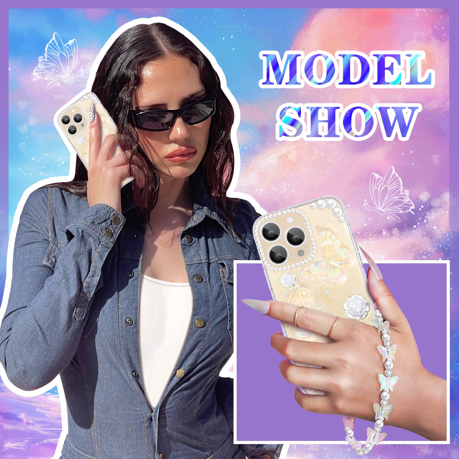 Goocrux (4In1 Case For Apple Iphone 12 Pro Max 3D Butterfly Clear Design Aesthetic Women Teen Girls Glitter Pretty Crystal Spark