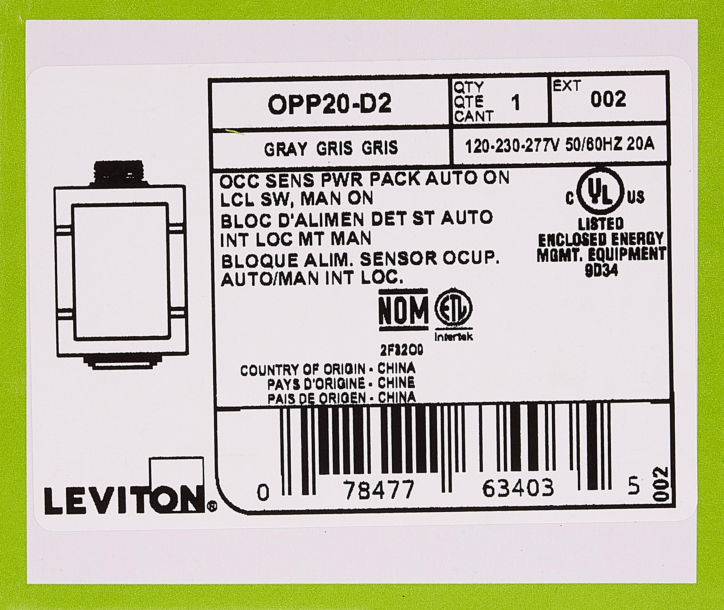 Leviton Opp20 D2 20 Amp Super Duty Power Pack For Occupancy Sensors, Basic With Auto On, Manual On And Local Switch Inputs, Gray