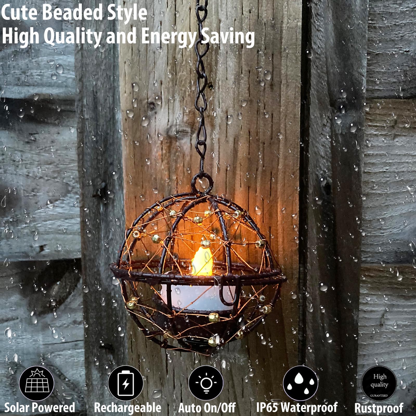 Outdoor Solar Hanging Lanterns Waterproof, Globe Hanging Candle Holder With Flickering Solar Powered Tea Lights, Chargeable Sola