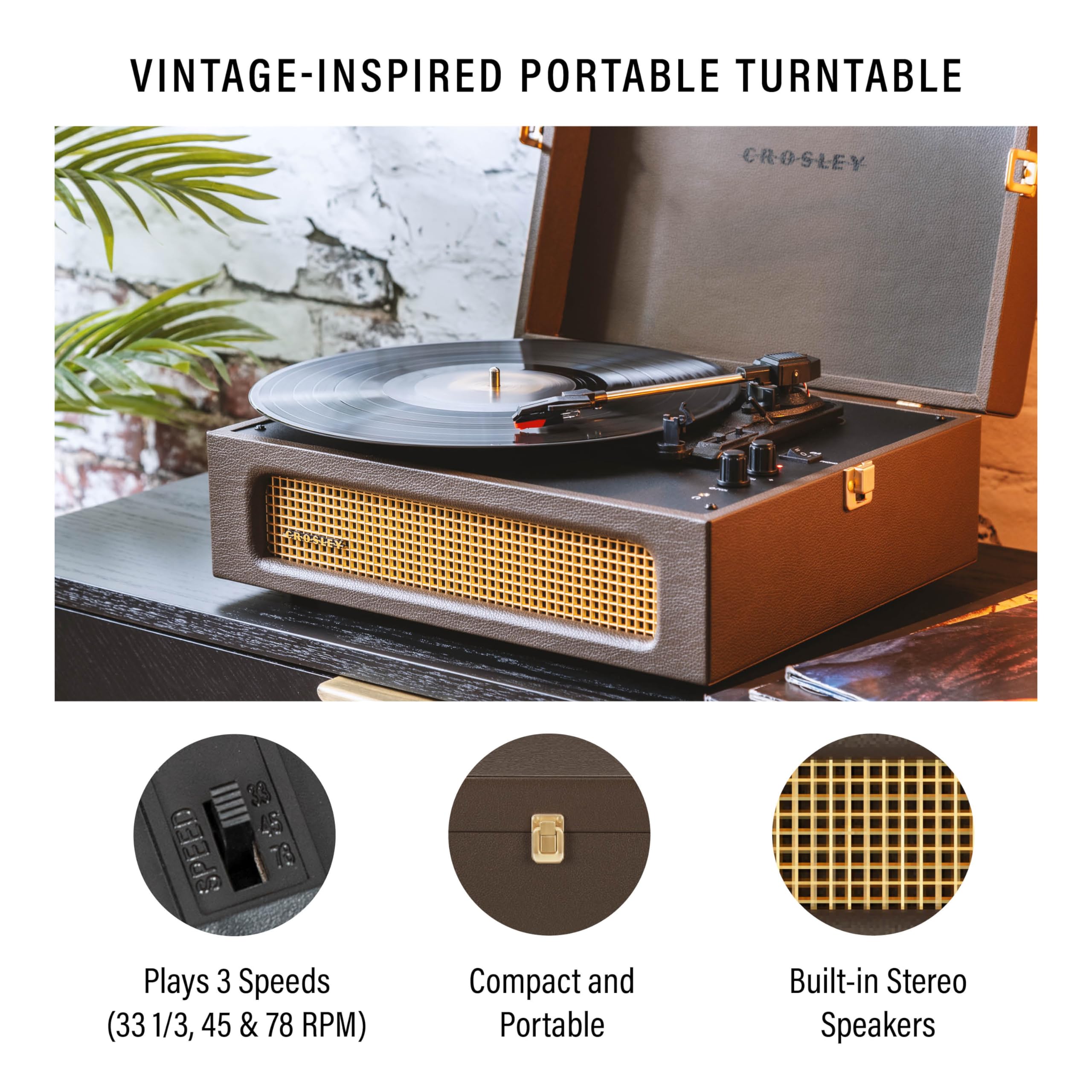 Crosley Cr8017B Co Voyager Vintage Portable Vinyl Record Player Turntable With Bluetooth In/Out And Built In Speakers, Cocoa