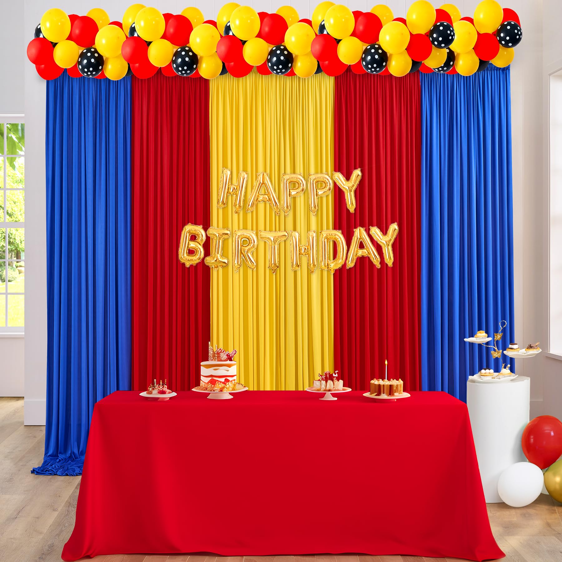 10Ft X 15Ft Thick Backdrop Curtain For Parties, Yellow Red Royal Blue Wrinkle Free Photography Backdrop Drapes, 6 Panels 2.5Ft X