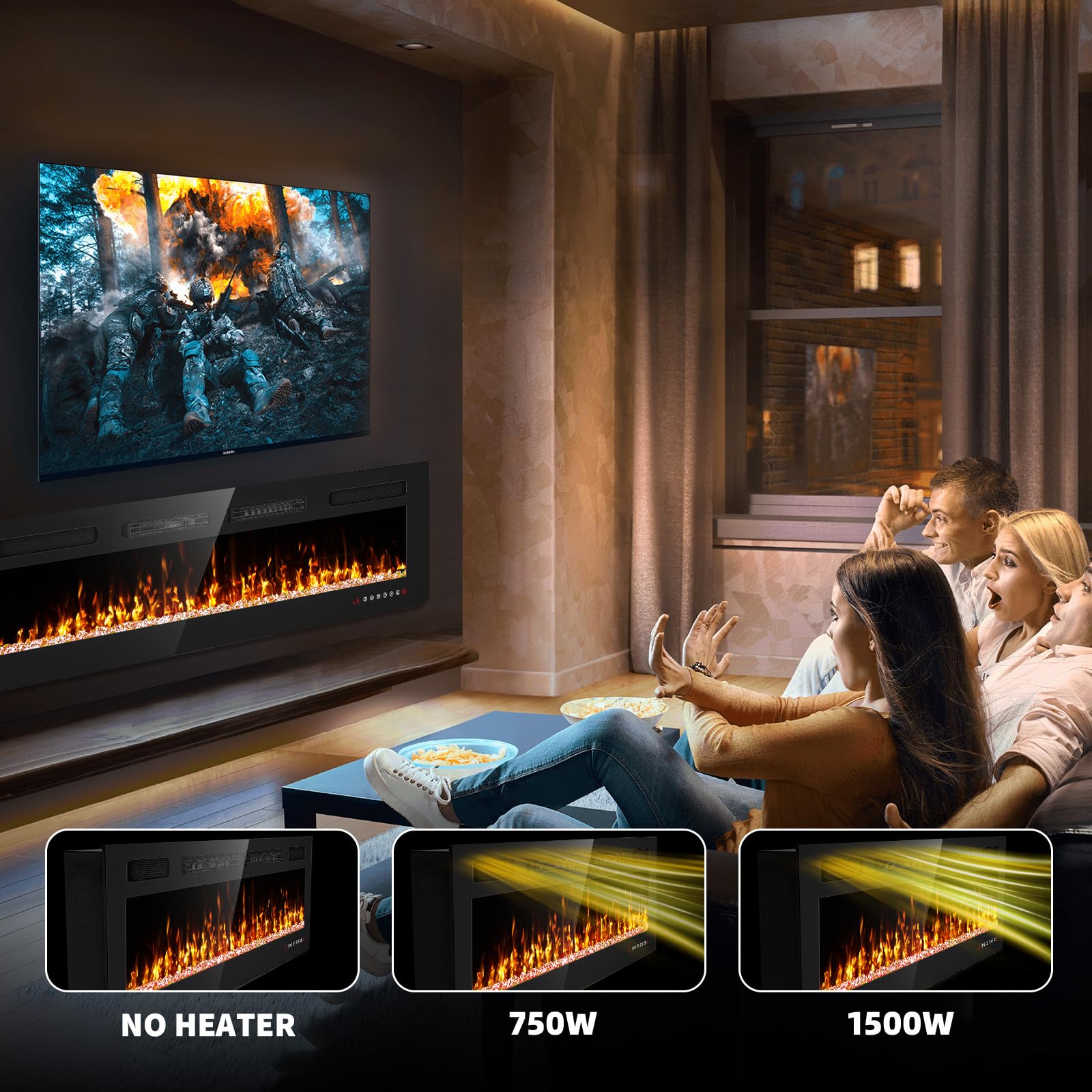 60 Inch Ultra Thin Electric Fireplace Inserts And Wall Mounted With Remote Control & Touch Screen 1500W Fireplace Heater With Ti