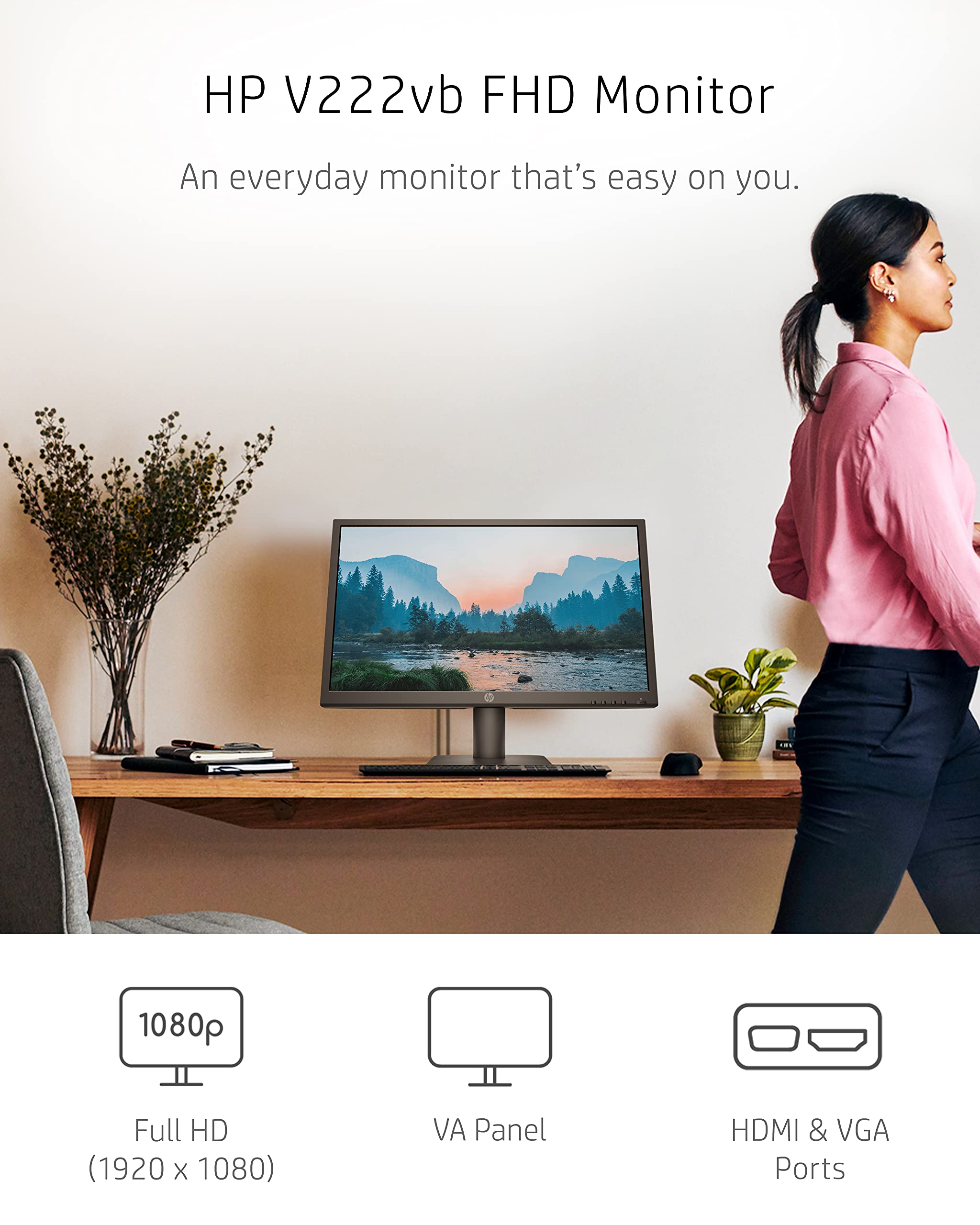 HP V222vb FHD Monitor, 1080p VA Display, 75Hz Refresh Rate, 21.5 inch Computer Screen, T�V Certified Low Blue Light Mode, Ergonomic Tilt, 3000:1 Contrast Ratio, HDMI & VGA Ports, VESA Mounting (2021)