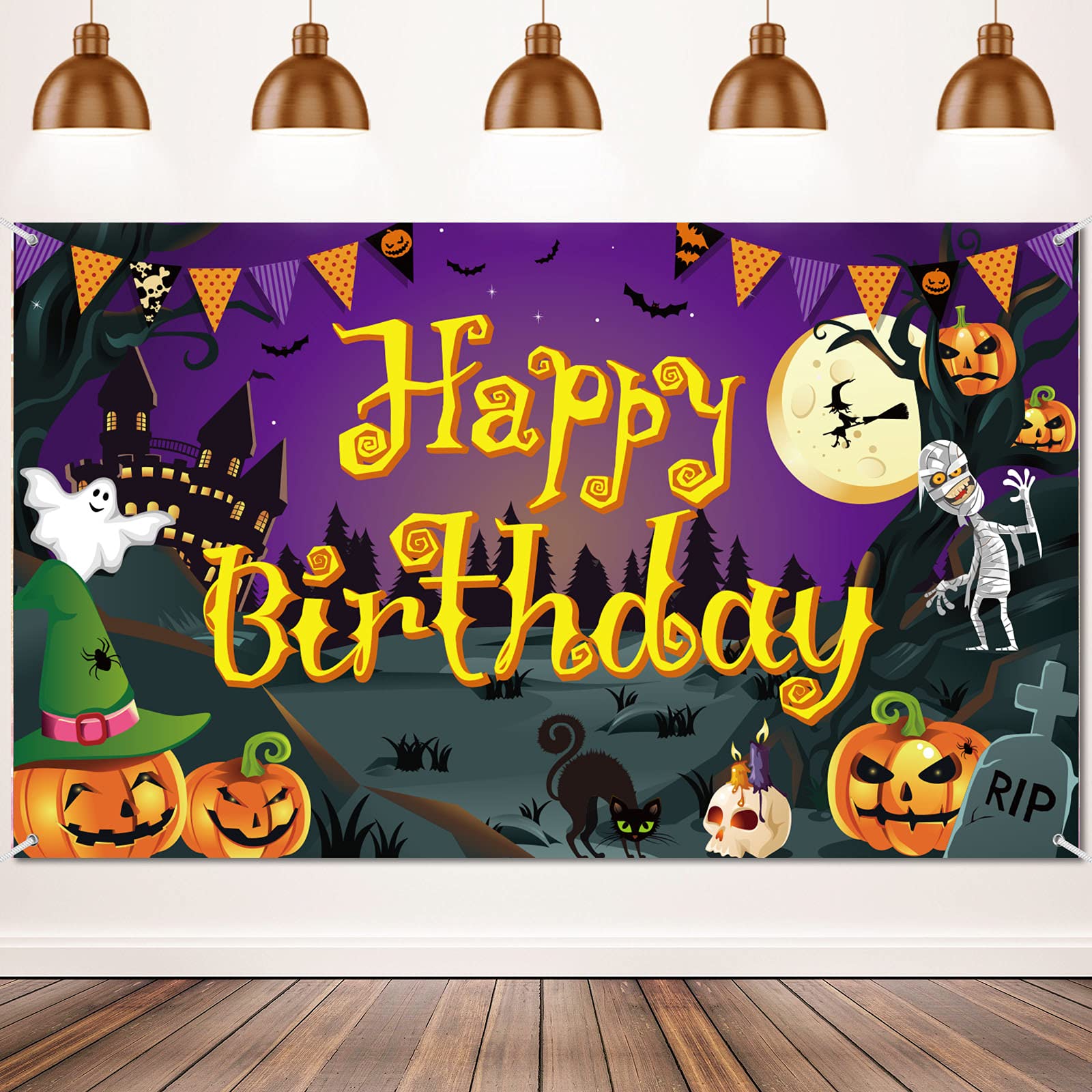 Halloween Birthday Backdrop Happy Birthday Halloween Banner Party Decoration Pumpkin Ghost Spooky Castle Photography Background 