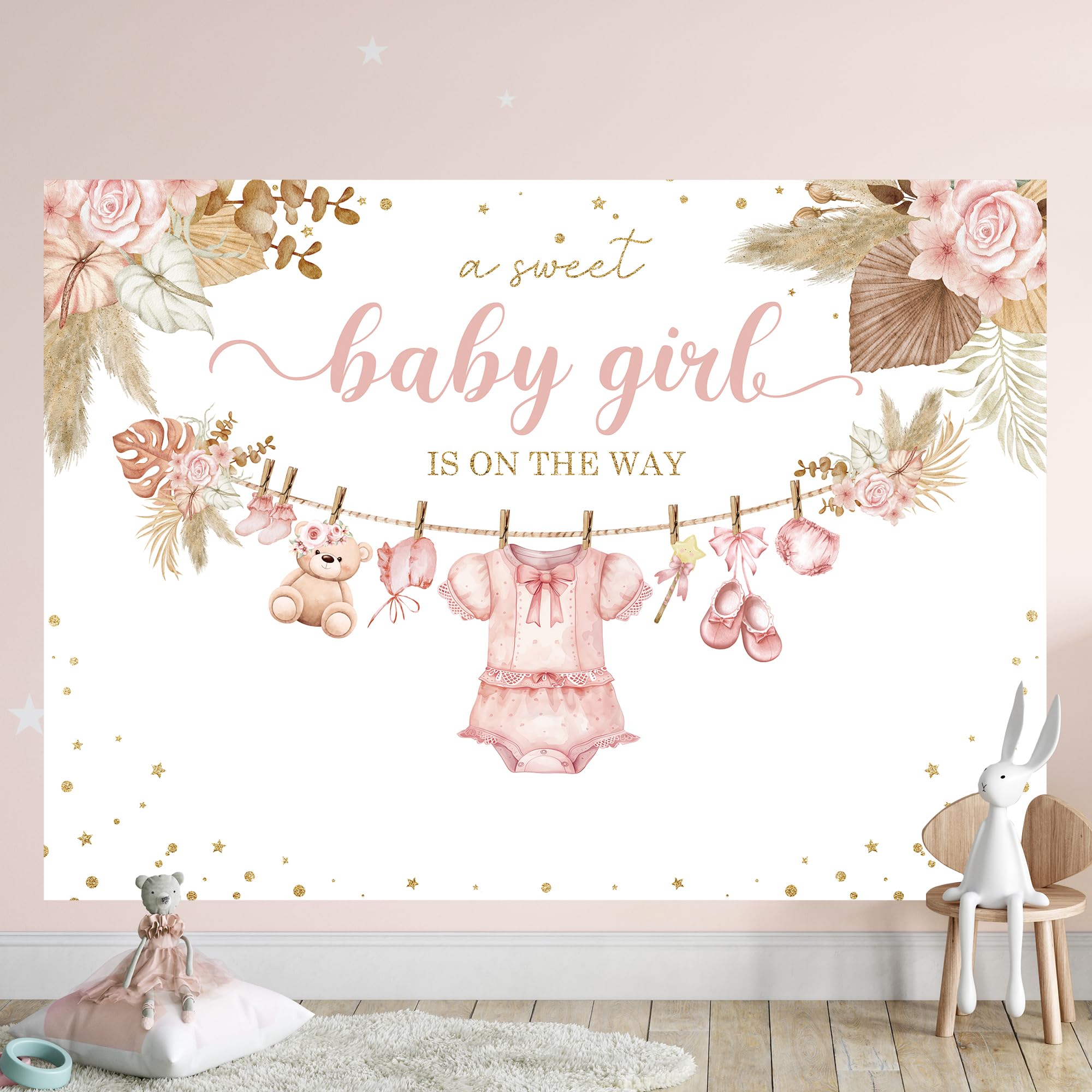 Riyidecor Sweet Girls Baby Shower Backdrop Boho Pink Floral Pampas Grass Watercolor Flower 7Wx5H Feet Polyester Fabric Cartoon B