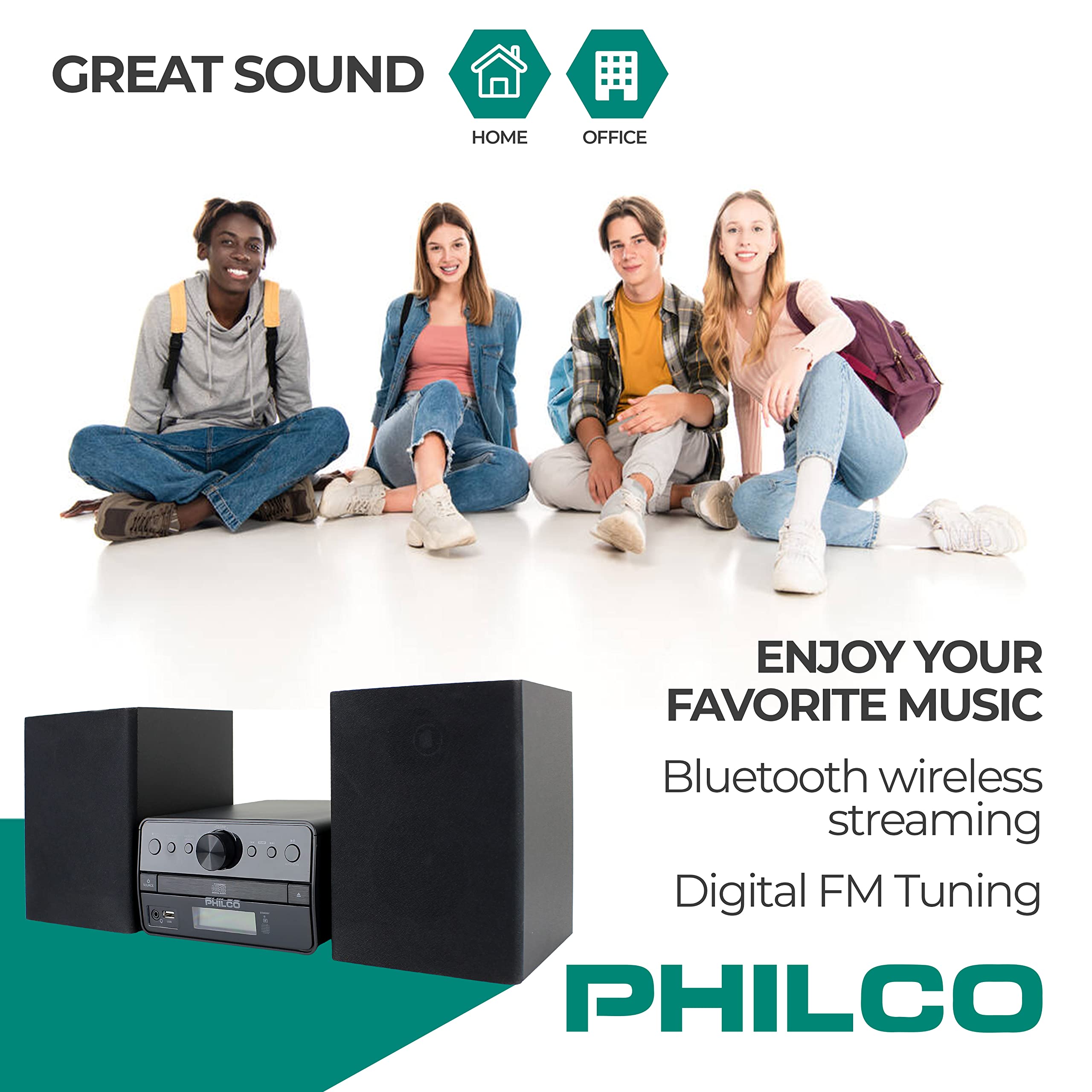 Philco Stereo Shelf Systems Tray Loading Cd Player With Digital Fm Radio, Bluetooth Streaming, Remote Control In Black | Lcd Dis