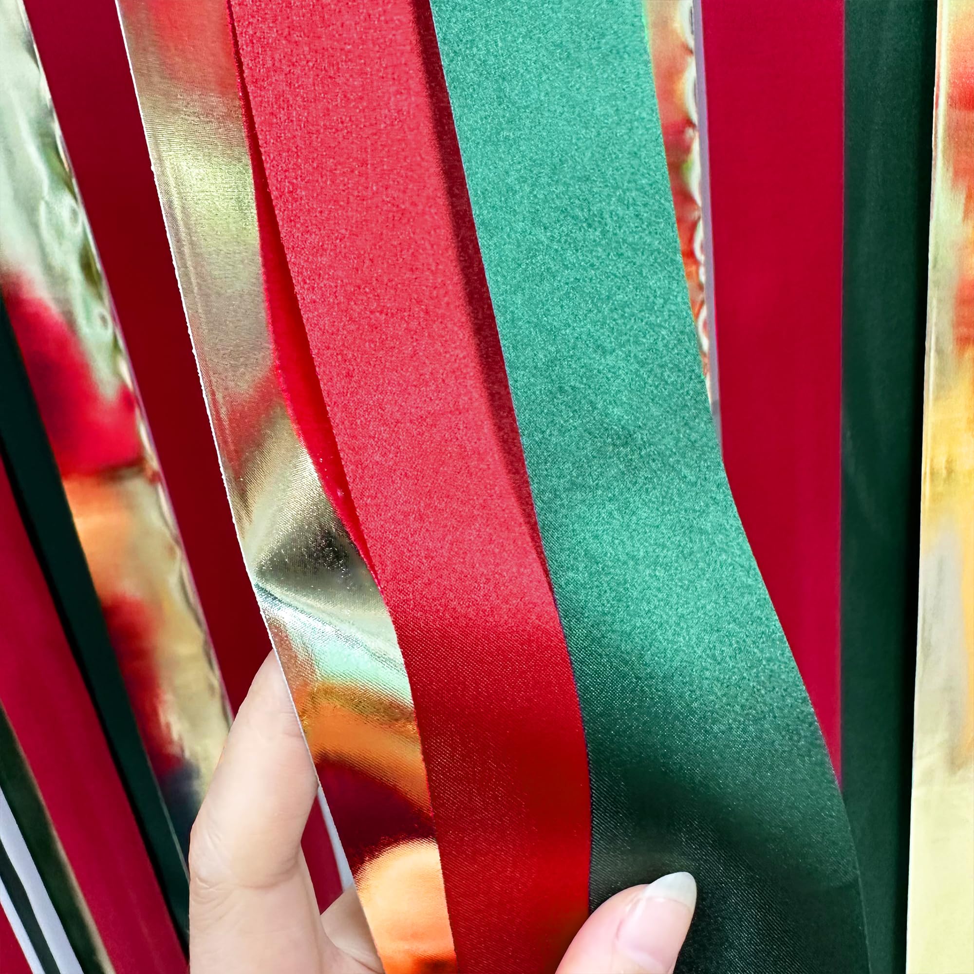 Christmas Party Decoration Red Green Gold Streamer Backdrop 197 Ft  1.97'' Wide Satin Ribbon Fringe Hanging Garland For Merry Ch