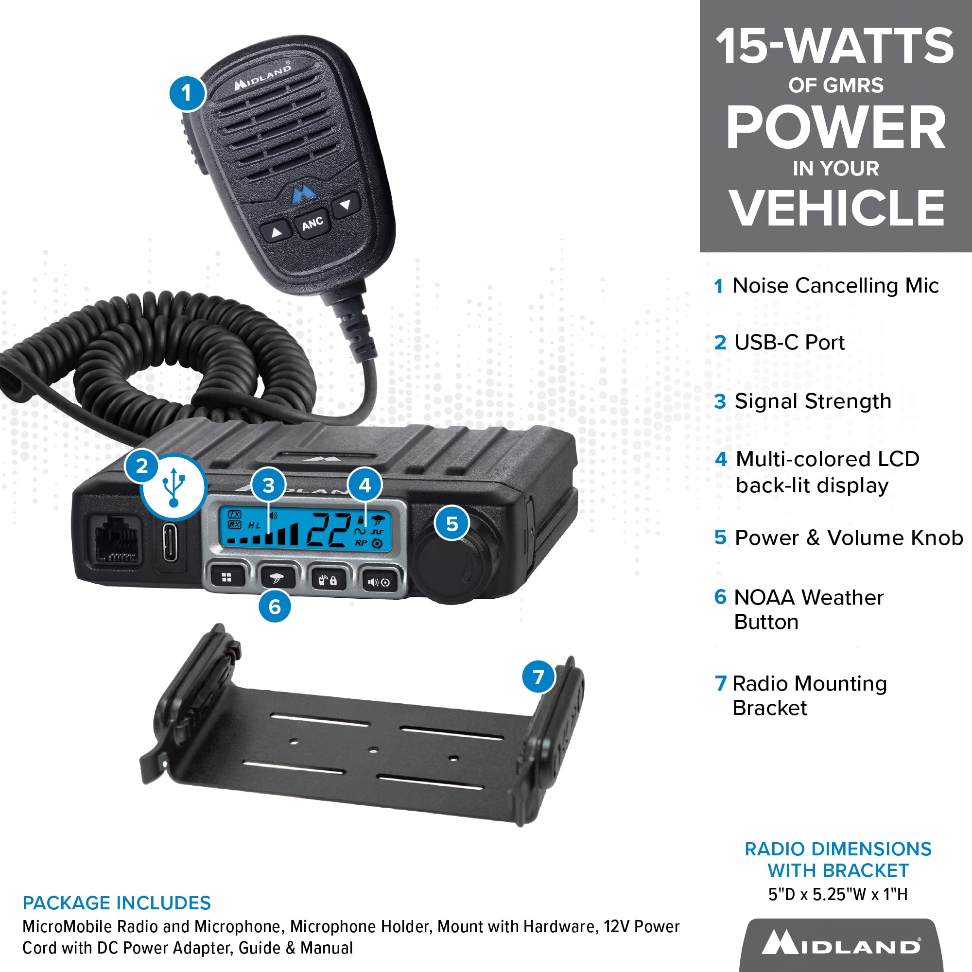 Midland   Mxt115Vp3 15 Watt Gmrs Micromobile Two Way Radio   Off Roading Outdoor Farm   Extended 3Db Gain Universal Lip Mount An