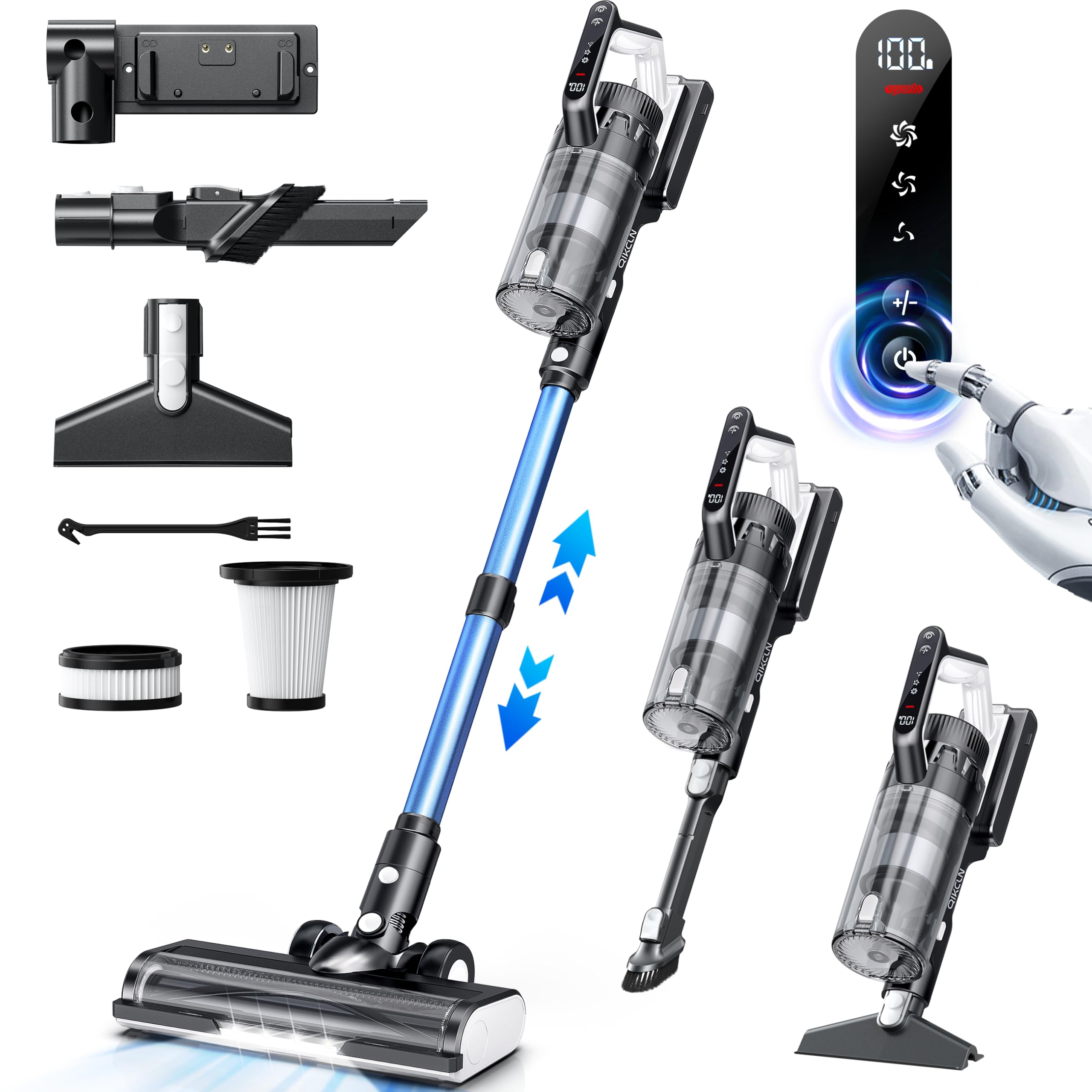 Qikcln Cordless Vacuum Cleaner, 23000Pa Powerful Lightweight Stick Vac With Led Headlights, 45Min Runtime, 3 Modes, Removable Ha