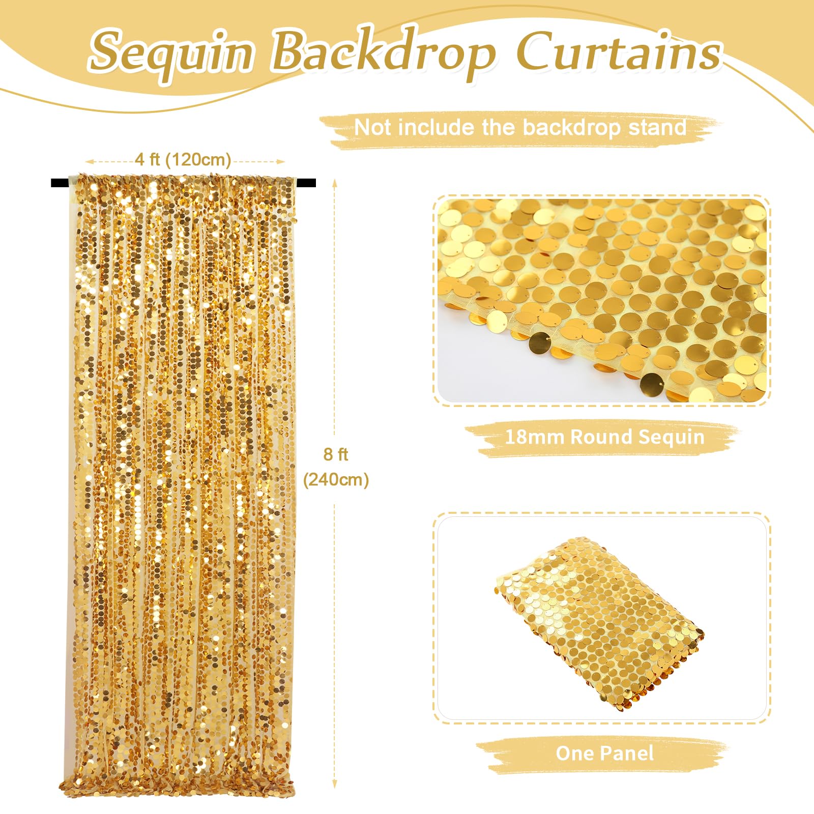 Big Payette Sequin Backdrop 4Ftx8Ft Gold Shimmer Backdrop Curtains Glitter Fabric Drapes For Birthday Party Baby Shower Decorati