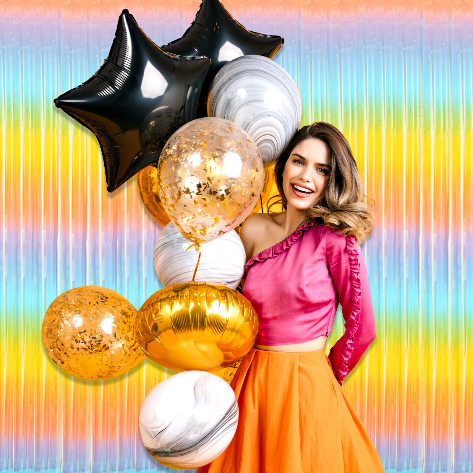 3 Pack Light Raainbow Foil Fringe Curtain Backdrop, 3.28Ft X 8.2Ft Metallic Tinsel Foil Fringe Streamer Curtains For Photo Booth