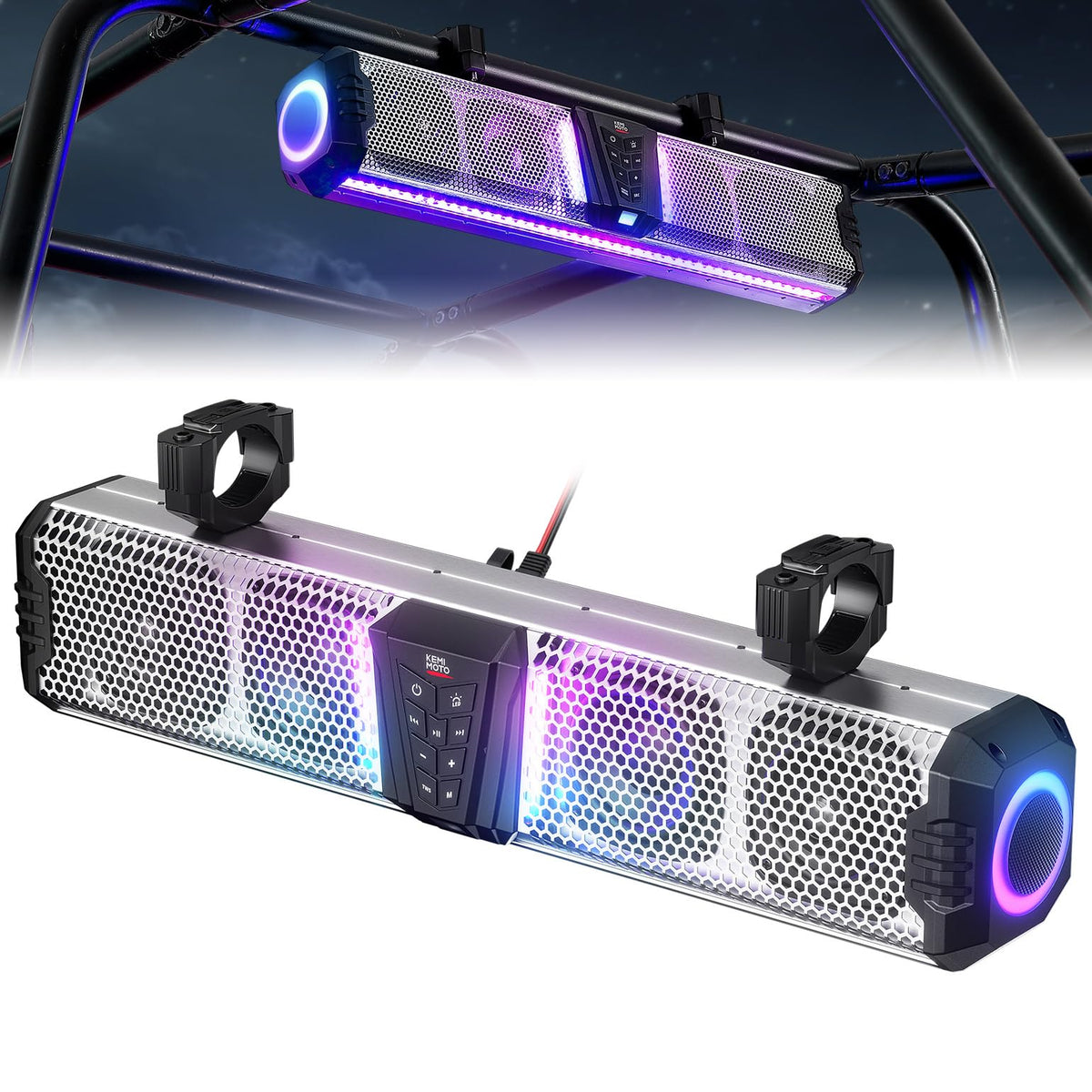 Kemimoto Midnight S60 26-Inch Utv Sound Bar Waterproof Ip66, 65Hz Deep Bass, Metal-Built, Synced Multicolor Lights, Utv Bluetoot