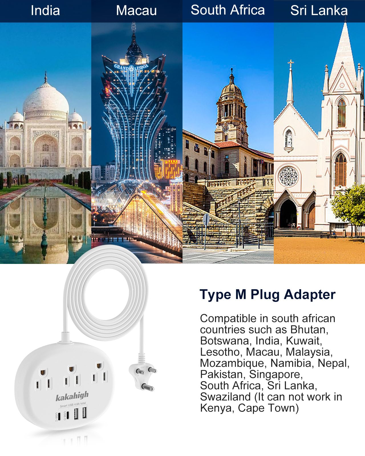 South Africa Plug Adapter, Type M Adapter For South Africa With 3 American Outlets 4 Usb Ports (2 Usb C) Total 24W, Type M Plug