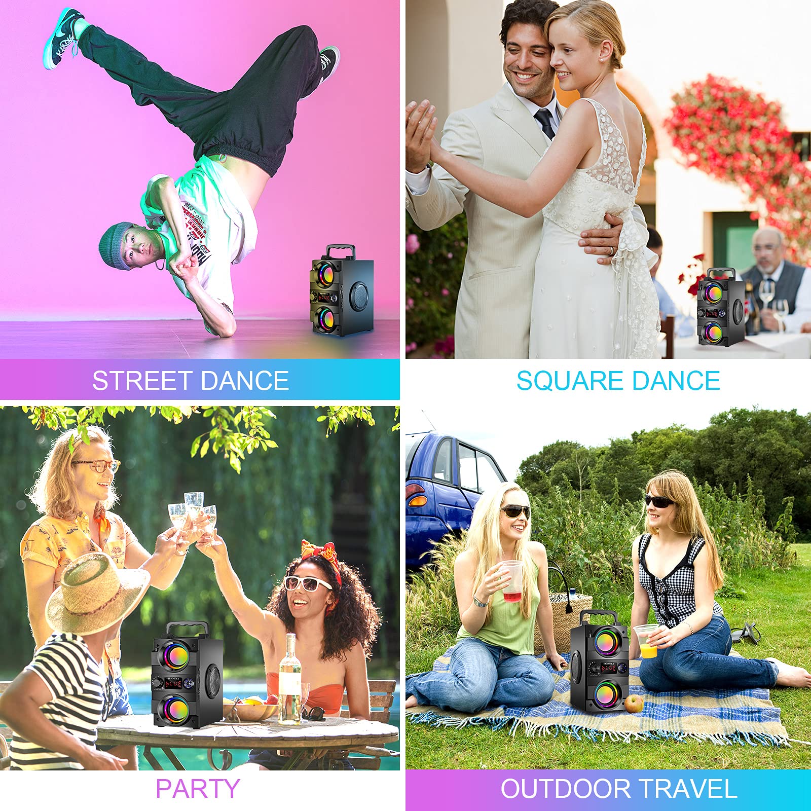 Tenmiya 40W(60W Peak) Portable Bluetooth Speakers With Subwoofer Wireless Stereo Rich Bass Boombox With Led Lights Outdoor Home Party Speakers Support Fm Radio Remote Control Aux Eq