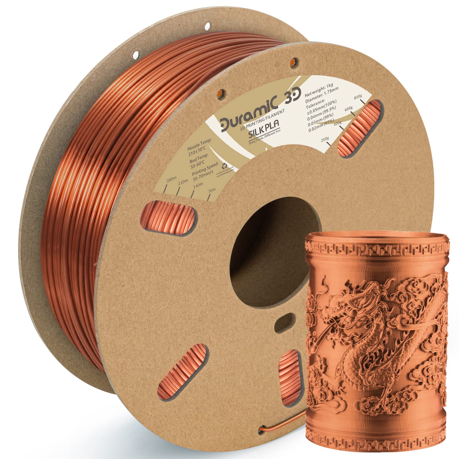 DURAMIC 3D Shiny Silk PLA Filament 1.75mm Shiny Metallic PLA Filament Dimensional Accuracy +/- 0.05 mm Copper