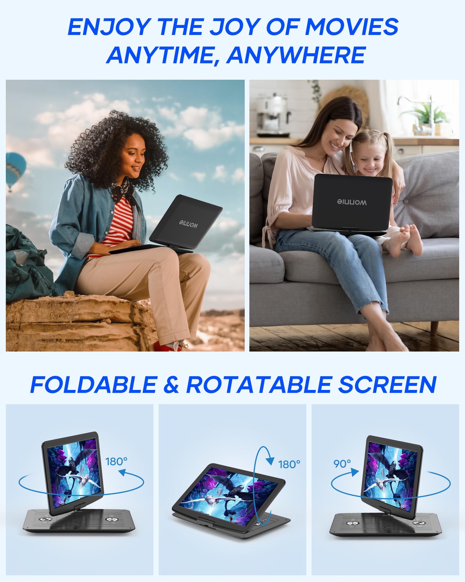 Wonnie 17.9' Large Portable Dvd/Cd Player With 6 Hrs 5000Mah Rechargeable Battery, 15.4' Swivel Screen, 1366X768 Hd Lcd Tft, All Regions, Support Usb/Sd Card/Sync Tv, High Volume Speaker