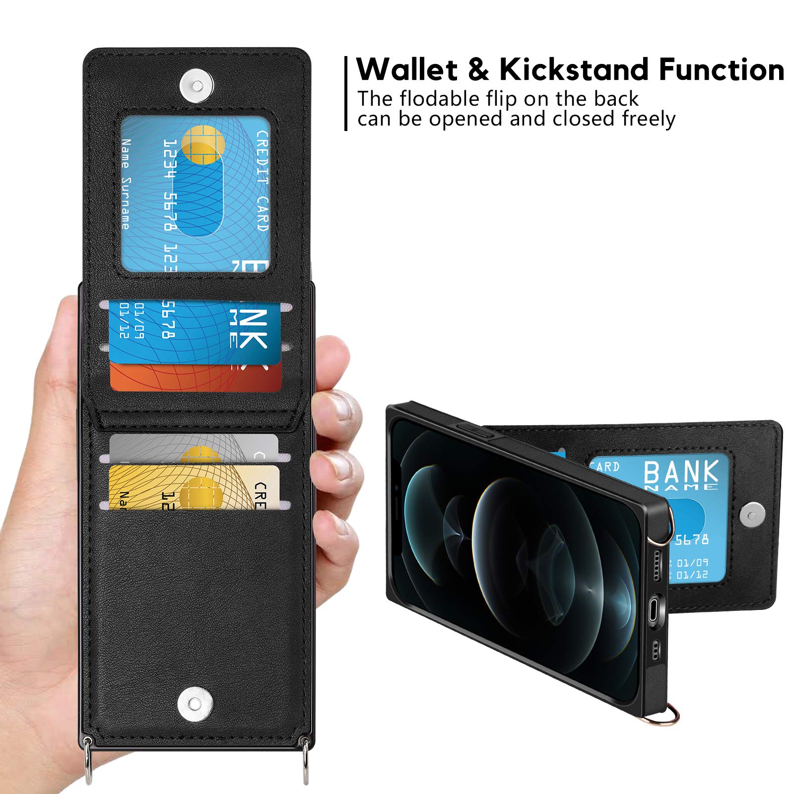 Vofolen Compatible With Phone 13 Wallet Case With Credit Card Holder Lanyard Crossbody Strap Leather Magnetic Clasp Kickstand He