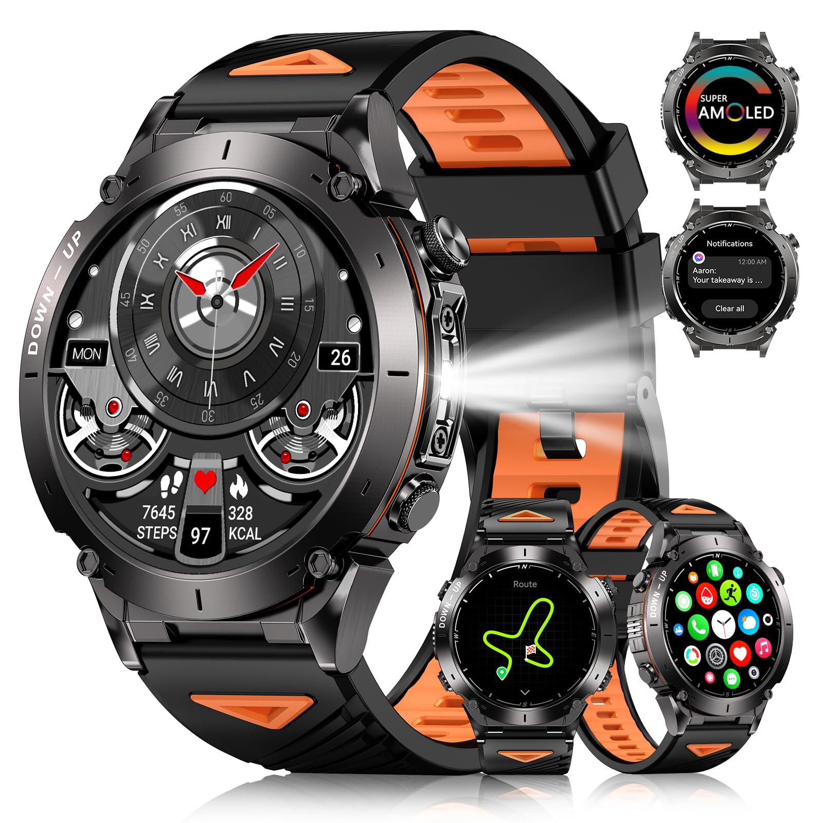 PODOEIL GPS Military Smart Watch for Men with Bluetooth Call, 1.43 AMOLED Waterproof Smart Watch with Flashlight, 170+ Sport Mod