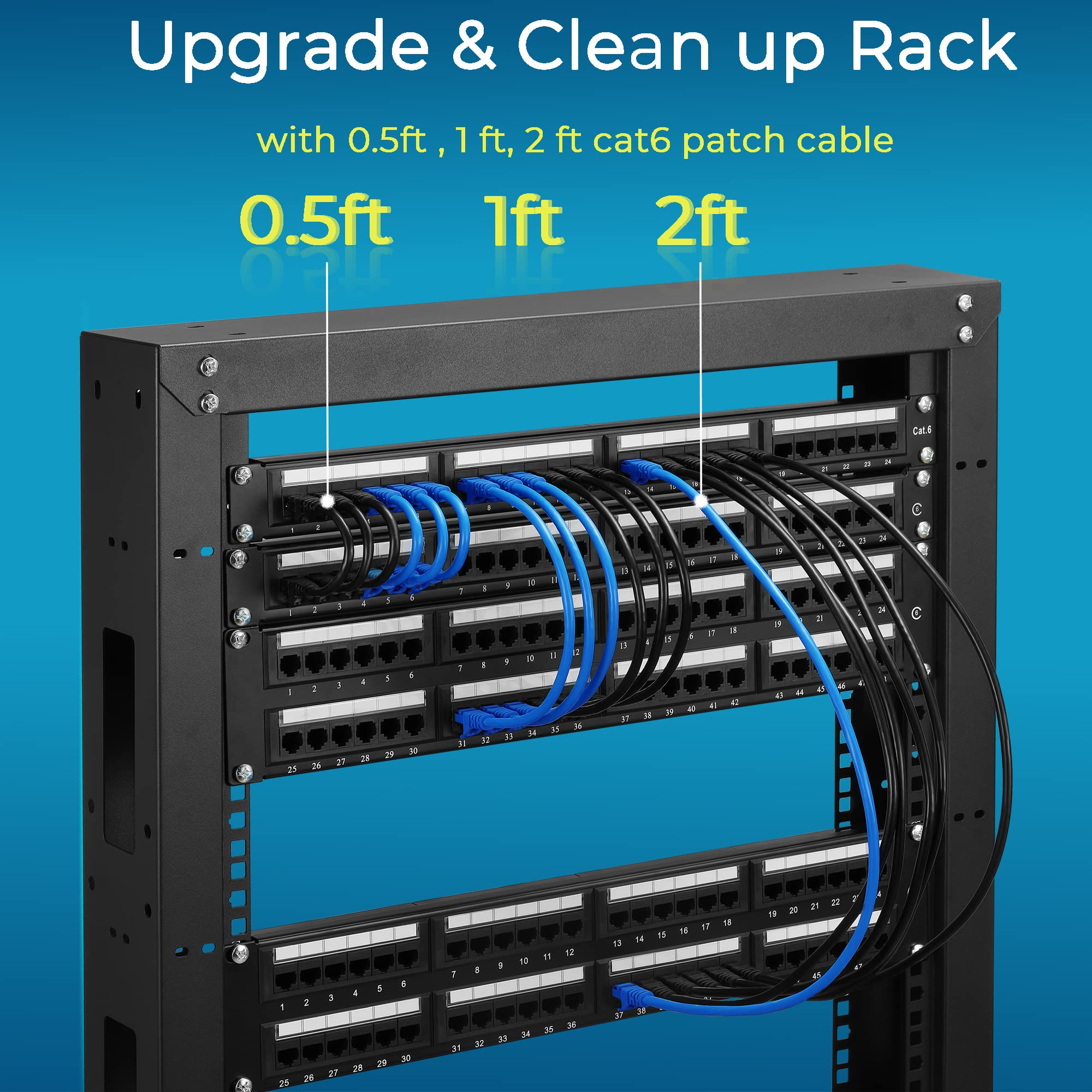 Rapink Patch Cables Cat6 1Ft (48 Pack), Ethernet Patch Cable 10G, Cat 6 Patch Cable For Patch Panel To Switch, Flexiable Cat 6 Ethernet Cable With Gold Plated Black