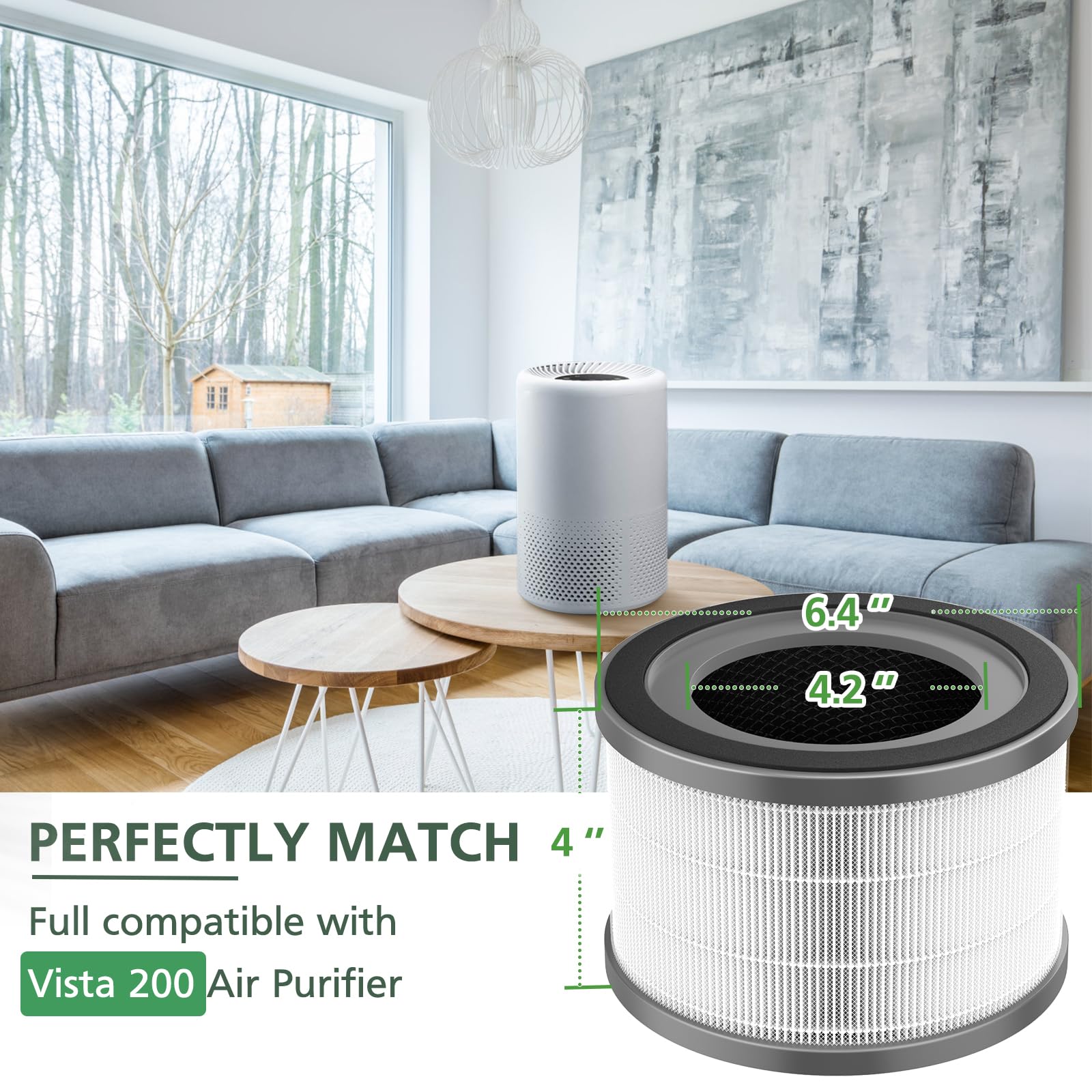 2 Pack Vista 200 Replacement Filter Compatible With Levoit Vista 200 Air Purifier, 3 In 1 H13 True Hepa Filter Replacement, Fit