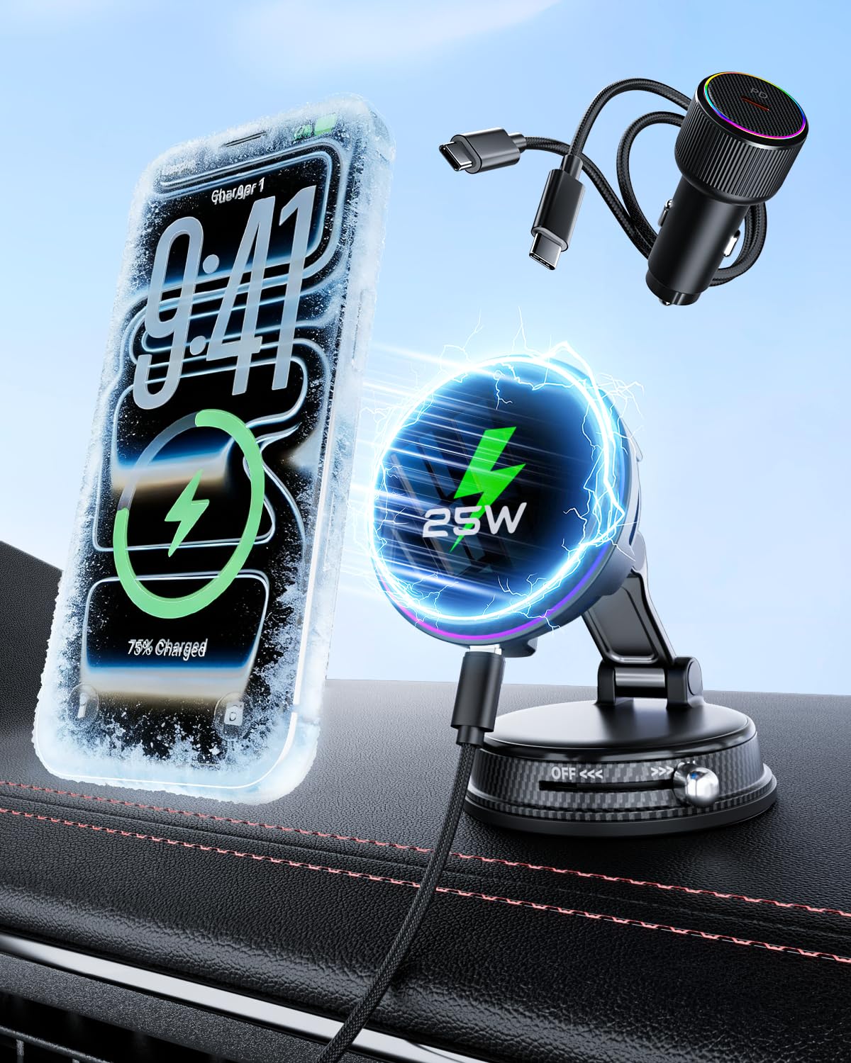 CloudValley Qi2.2 25W Wireless Car Charger Mount with RGB Light, Magnetic Car Phone Holder with Cooling Fan & 45W Adapter, 360 R